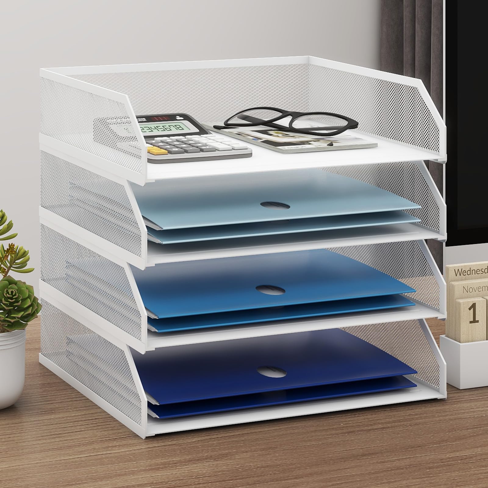 PUNCIA Corbeilles à Courrier Métallique 4 Niveaux Organiseur de Bureau Rangement Documents Blanc