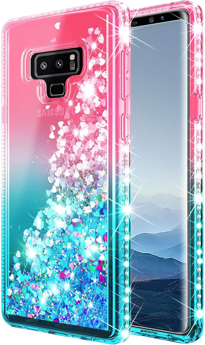 Galaxy Note 9 Case with Screen Protector (3D Pet Full Coverage) for Girls Women, NageBee Glitter Liquid Bling Floating Quicksand Waterfall Shockproof Cute Case for Samsung Galaxy Note 9 -Pink/Aqua
