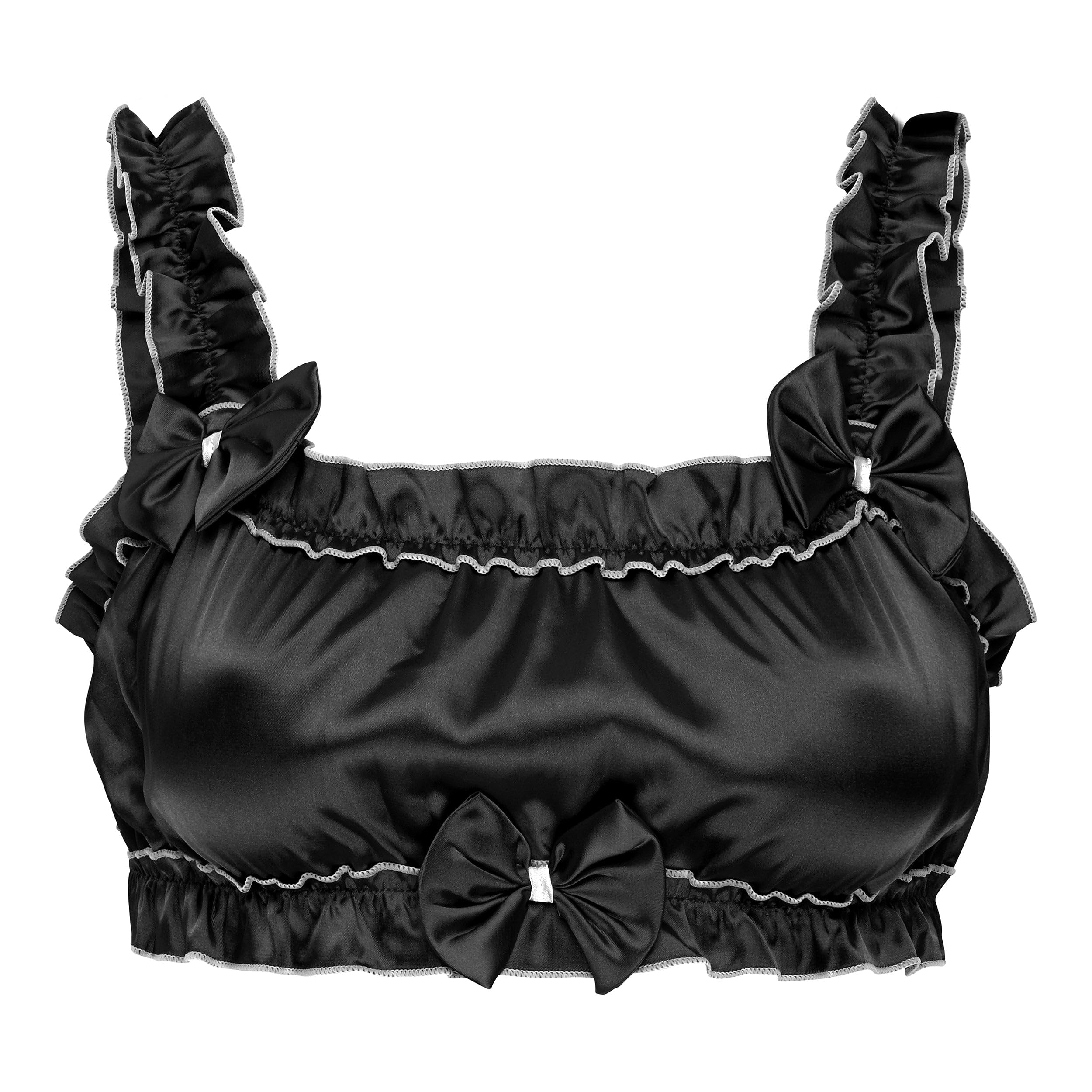 Satini Women's Black Sissy Frilly Ruffled Fitted Silky Satin Lingerie Bralette (, L)