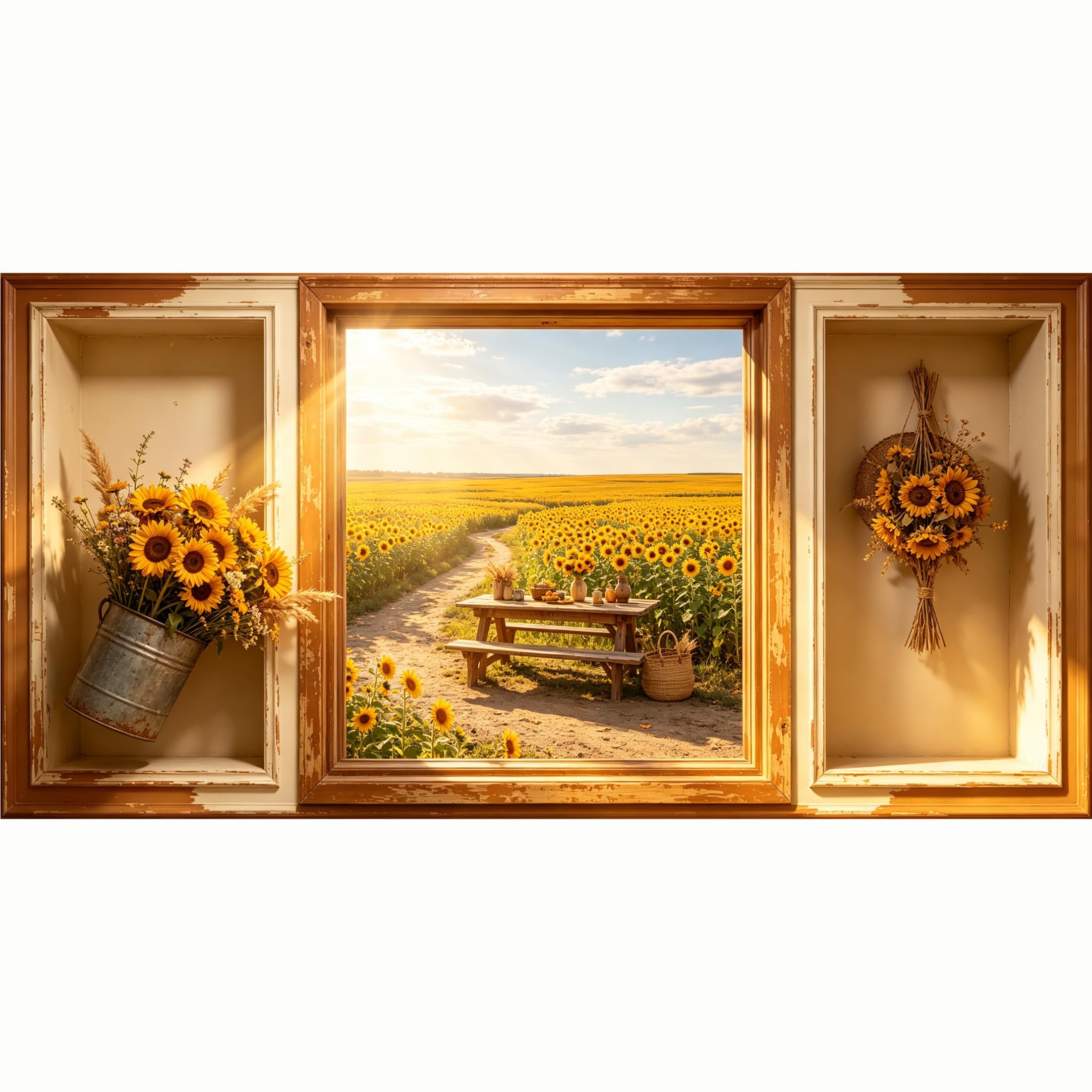 QZLITHOTIC 50x100cm 3D Framed Wall Art， Sunflower Field Farmhouse Landscape Self‑Adhesive Mural， Water‑Activated Peel & Stick Fabric Decor Wall Decal for Bedroom Living Room