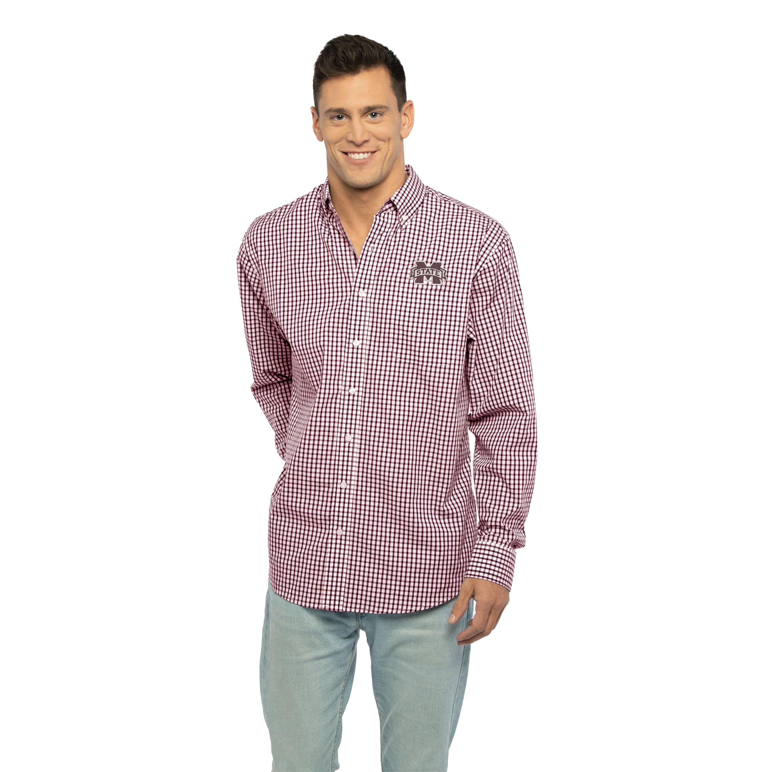 Vantage Apparel Men's Collegiate Easy-Care Long Sleeve Gingham Check Button Down Shirt, Mississippi State Bulldogs, Maroon, Large
