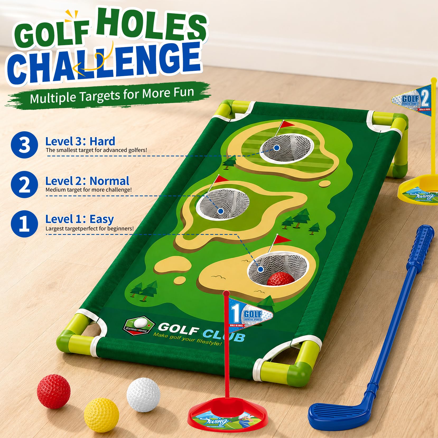 YESHIN 23PCS Minigolf Set mit Putting-Matte, Golf Cornhole-Brett, Golfwagen | Golfspiel-Set mit 4 Golfschlägern, 12 Golfbällen, Indoor Outdoor Spielzeug Geschenk für Jungen Mädchen ab 3-12 Jahren