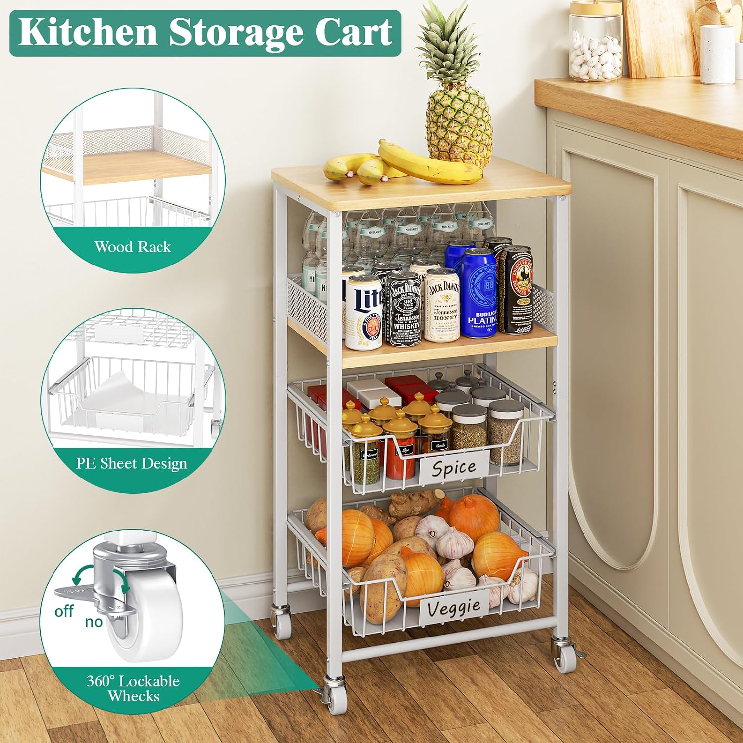 Giwil 4-Tier Fruit Vegetable Storage Cart Rolling Kitchen Cart with Drawer image 5