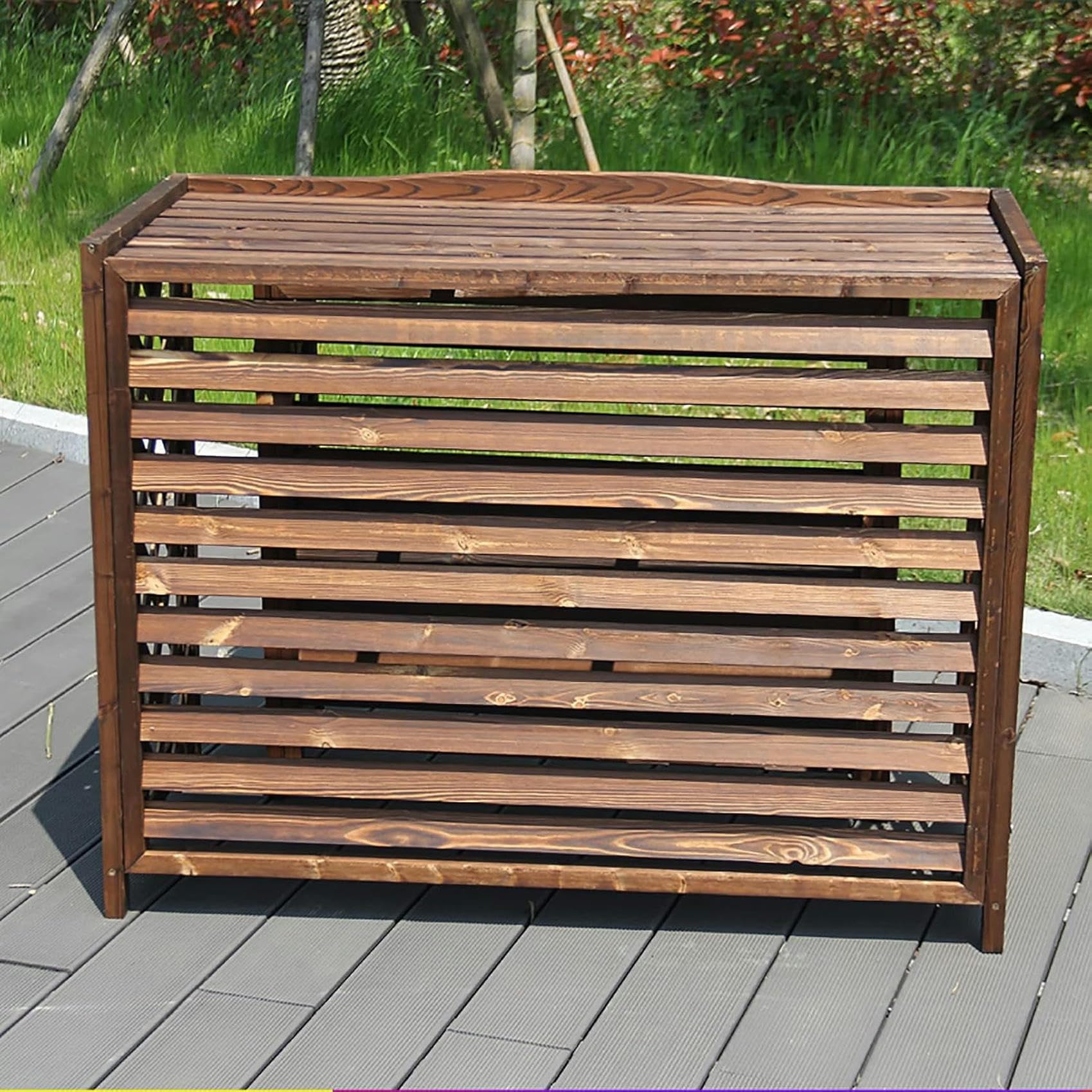 Cache-climatiseur extérieur bois massif et grille pour unités extérieures avec support de fleurs