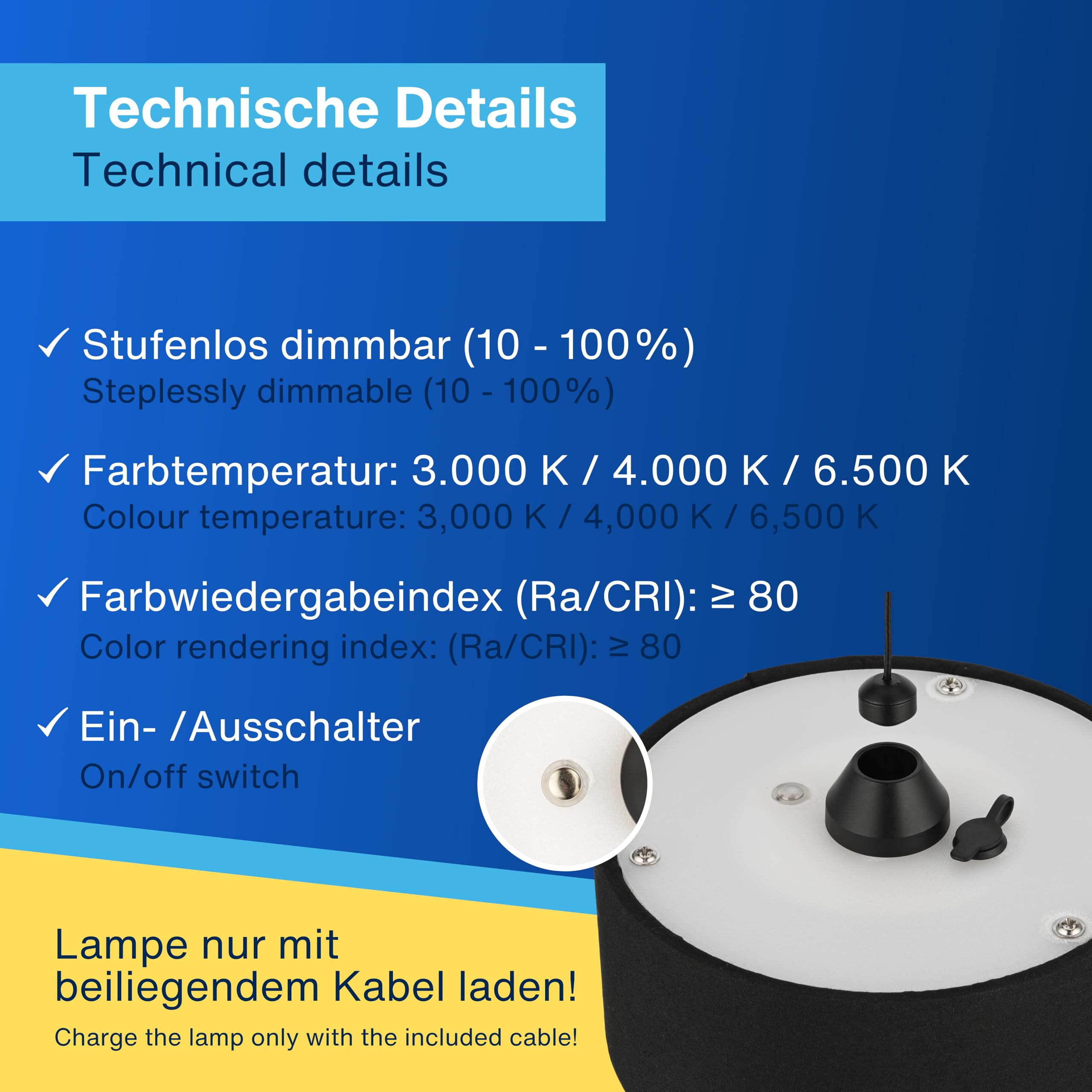 REV Lampa wisząca z akumulatorem – 120 lm, ściemniana, 3 kolory, timer 1-4 h, regulacja wysokości (18-123 cm), lampa wisząca do salonu, pilot zdalnego sterowania, abażur z materiału, czarna