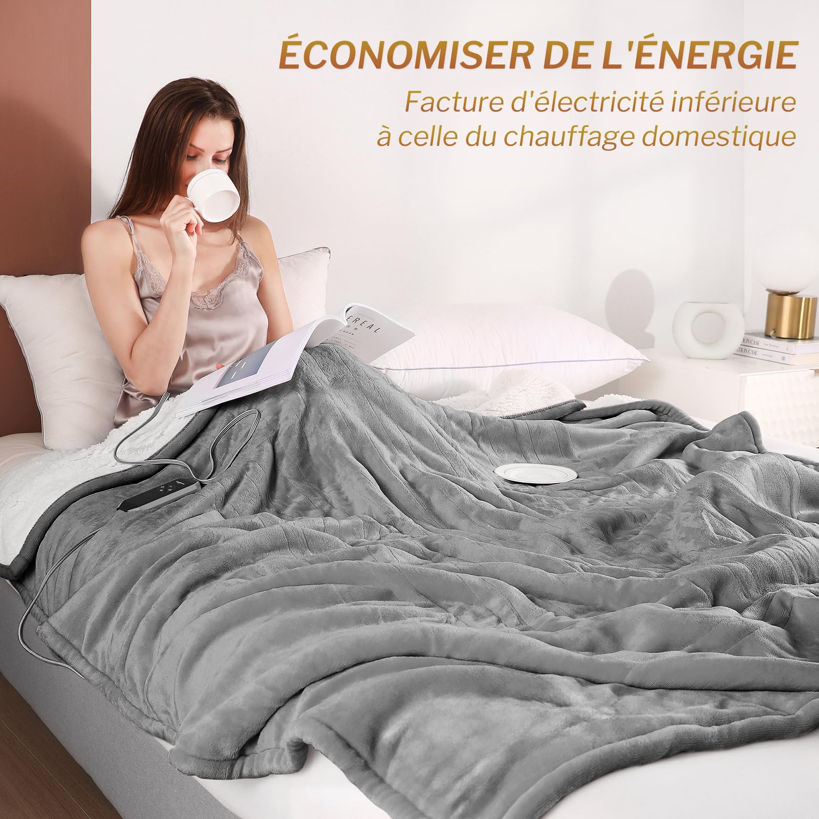 CORIWELL Couverture Chauffante 180x130 cm - Couverture Électrique en Flanelle,Plaid Chauffant 10 Réglages de Chaleur,Minuterie de 9H,Protection Contre la Surchauffe, Lavable en Machine - Gris