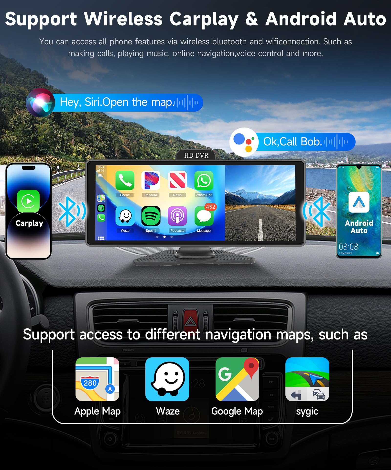 Podofo 10.26 inch Portable Car Radio with Wireless A-pple Carplay Android Car Recorder Screen, 7-32V Touch Screen with Voice Assistant/Bluetooth/FM Transmitter/AUX/TF Card