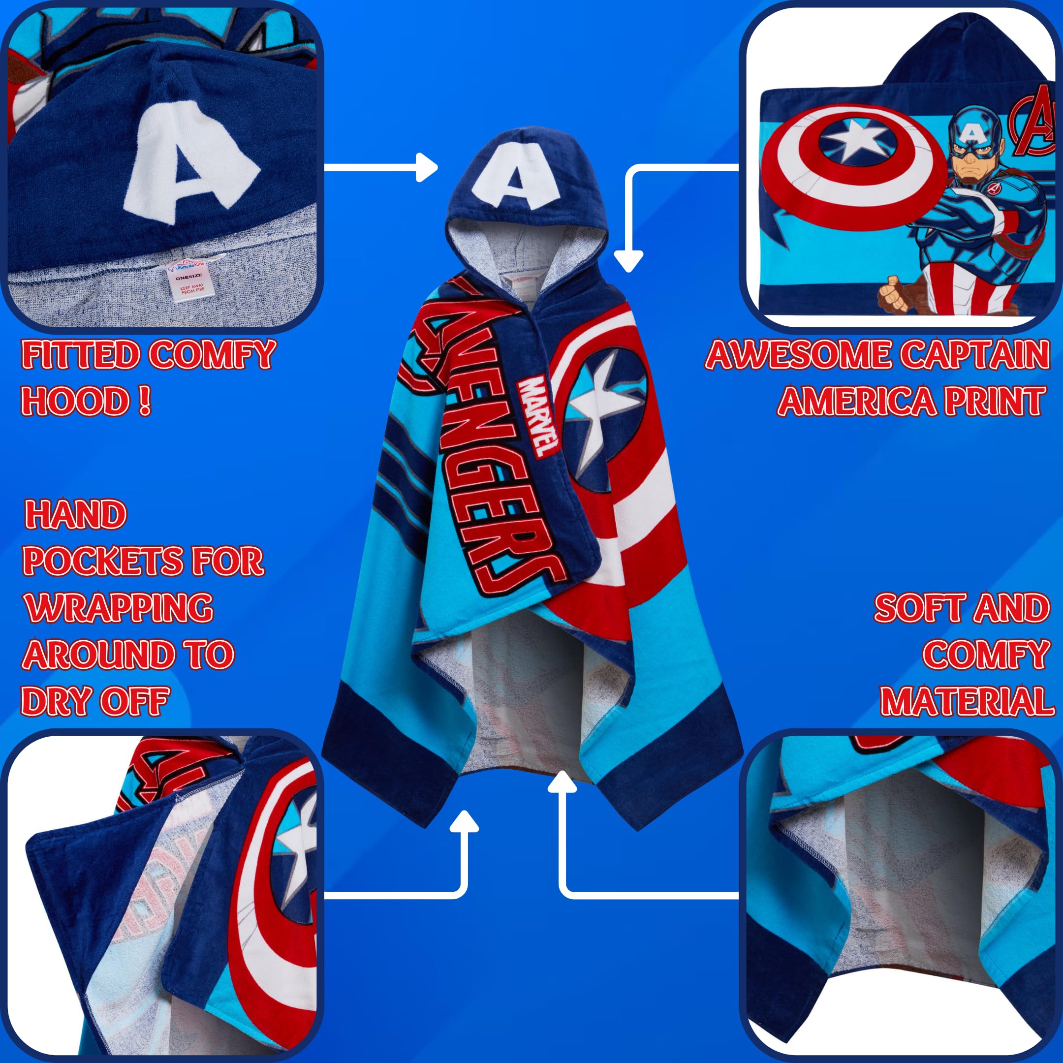 Asciugamano con cappuccio Captain America 100% cotone Marvel Avengers Poncho Asciugamano da spiaggia per bambini Accappatoio da bagno Copertura da nuoto per ragazzi