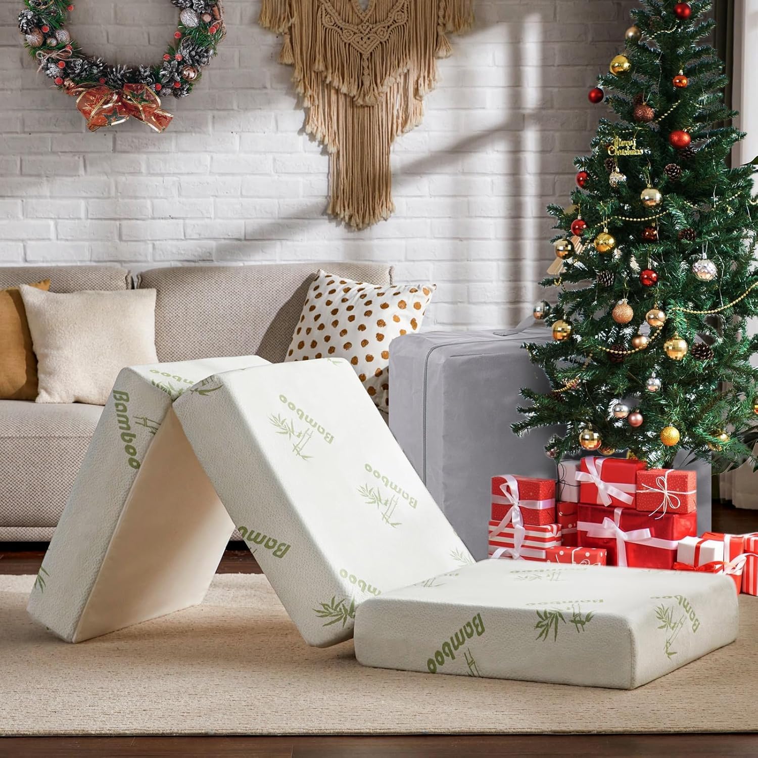 Deep Sleep 6 Inch Tri Folding Mattress Twin Size with Storage Bag, Foldable Memory Foam Topper Portable Floor Guest Bed with Removable Bamboo Cover, Breathable Washable