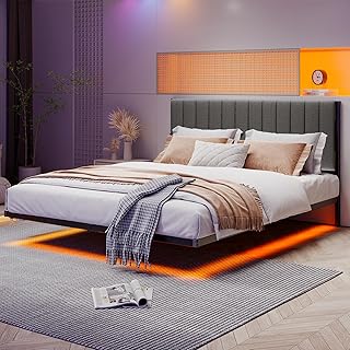 ARFARLY Double Bed Frame Floating Bed Frame with LED Lights and Charging Station, Metal Platform Bed Frame Double Bed with Upholstered Headboard, No Box Spring Needed, Steel Slat Support