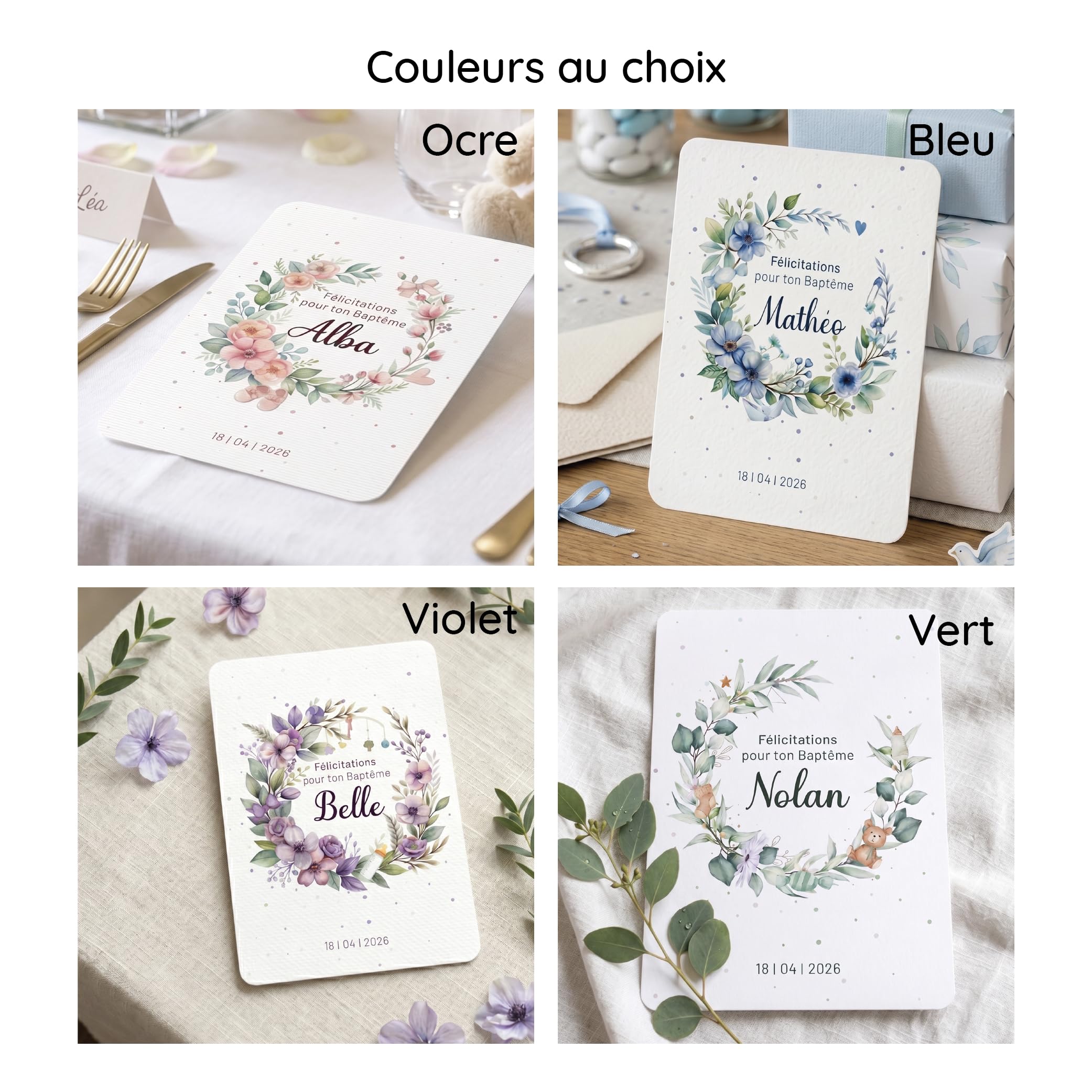 Carte félicitations baptême personnalisée, couronne fleurs, prénom, date, texte personnalisable, thème bleu garçon