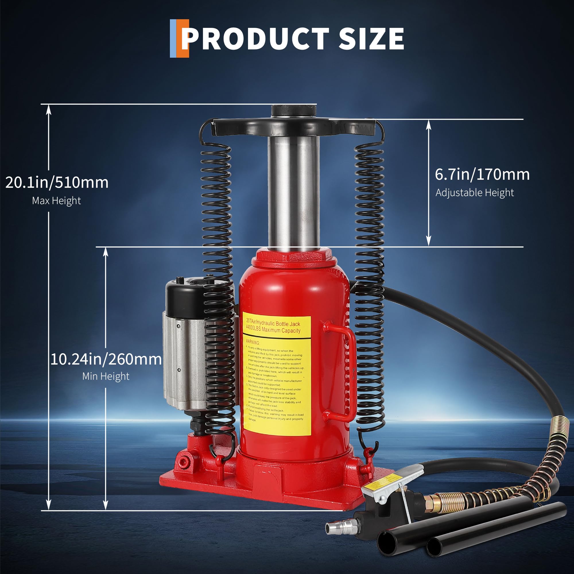 Garvee Cric Bouteille hydraulique pneumatique 20T (44 000 lbs) – Profil Bas, Double Action air & Manuel – Levée 260-510mm, sécurité renforcée (soupape), Structure soudée étanche – Hauteur réglable