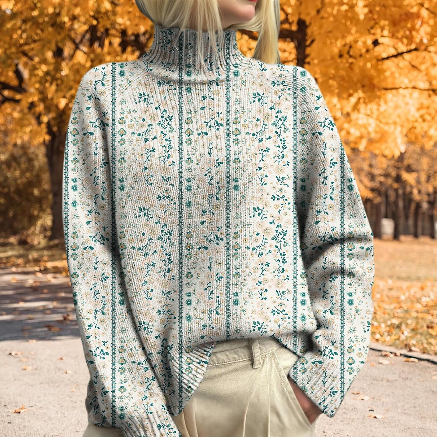 Vintage Graphic Print Sweaters for Women Fashion Long Sleeve Turtleneck Floral Cable Knit Crop Pullover Sweater Tops