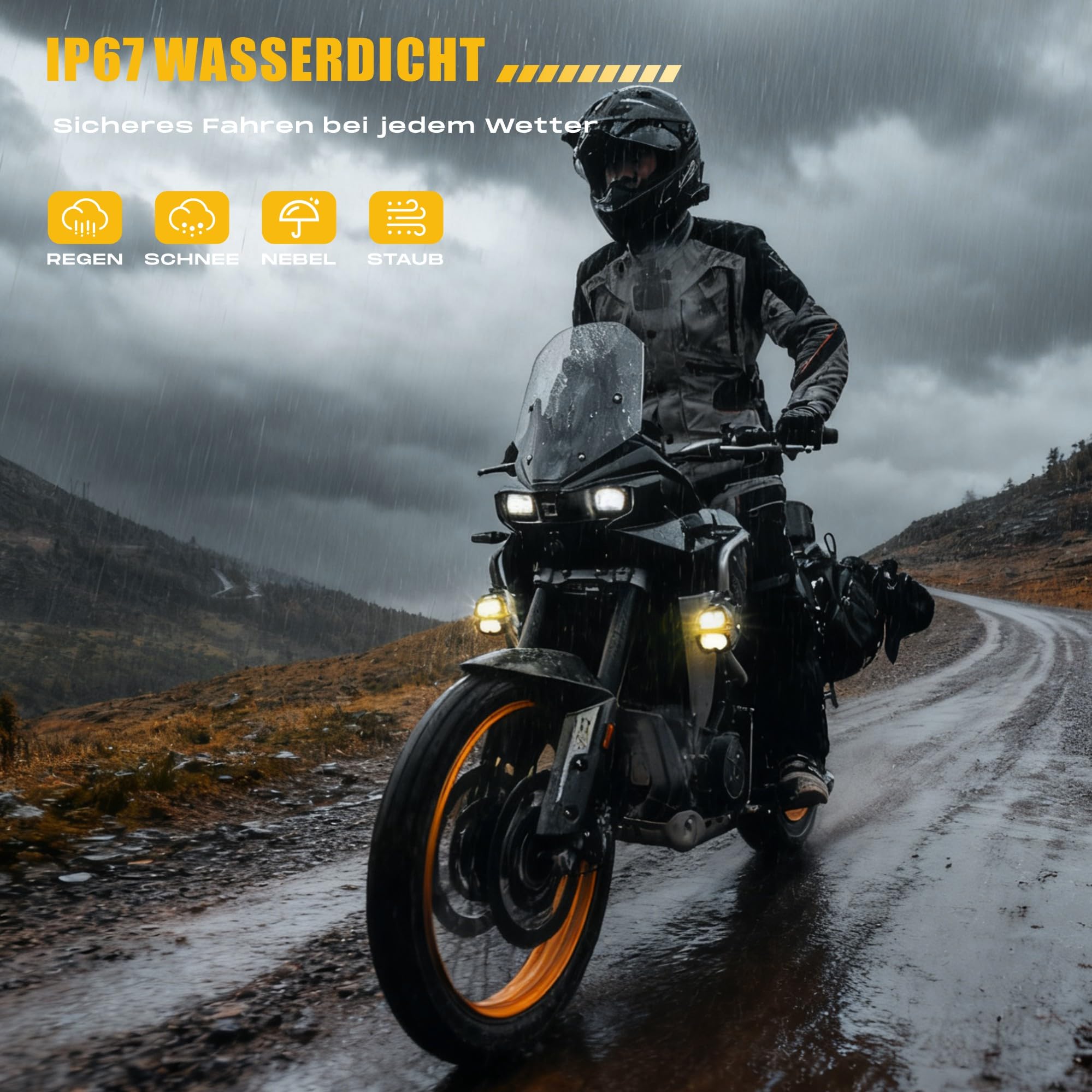 Future Eyes LED Zusatzscheinwerfer Motorrad ECE E-Mark E57 – 120W 12000LM Motorrad Nebelscheinwerfer, Zusatzscheinwerfer für Motorrad LED, IP67 Wasserdicht, 800M Reichweite, 360° verstellbar