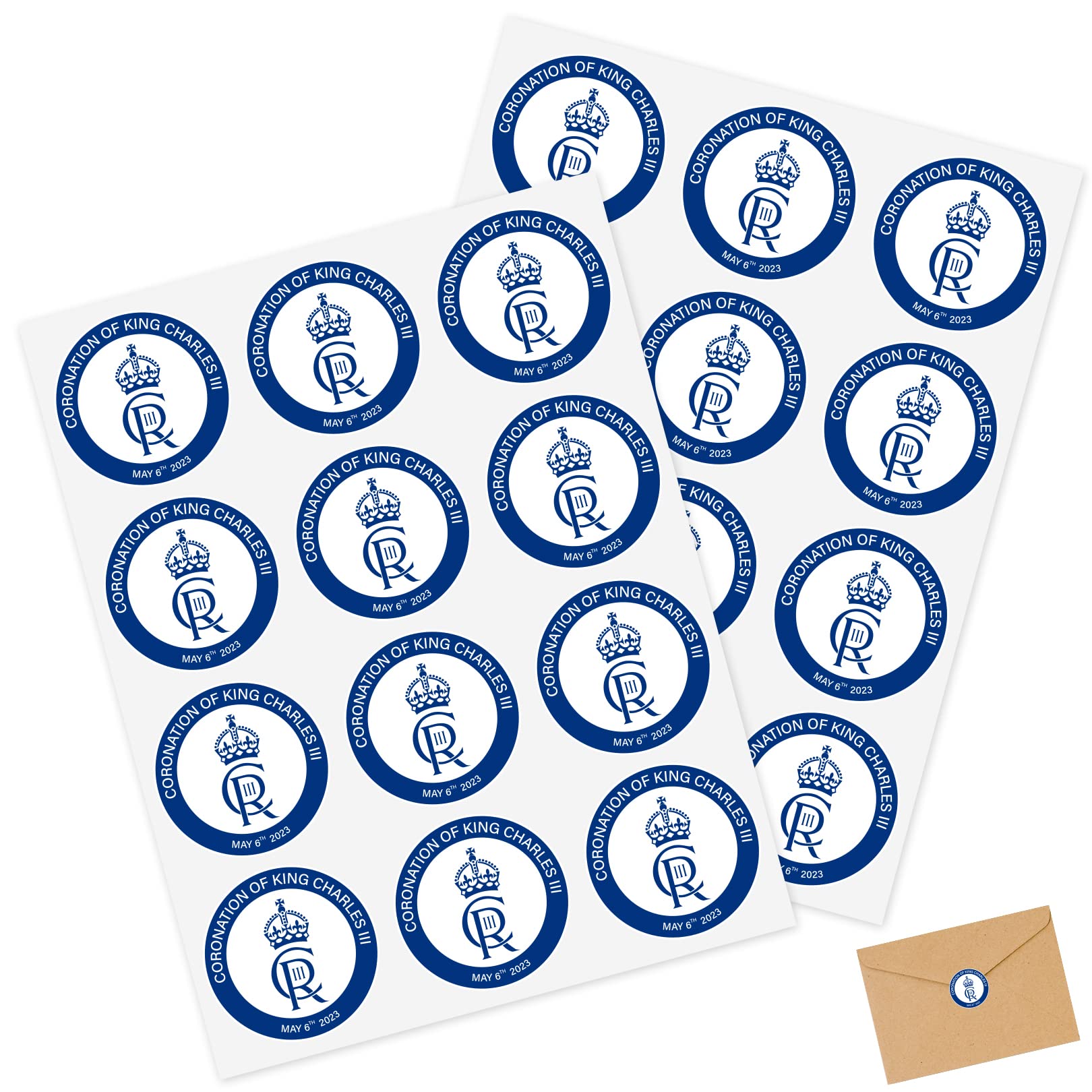Gunwon 24 pcs Round Paper Labels,3.8mm Round White Sticker Paper Circle Labels for Printing,King Charles III Coronation Paper Labels Decor Sticker for Envelope, Gift Bag Decorations