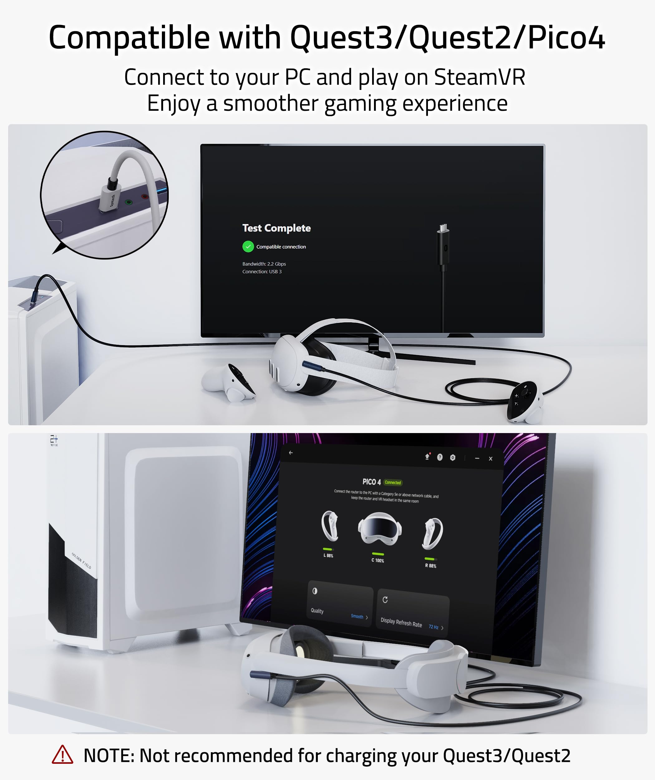 Syntech Cavo Link 5 Metri Compatibile con Quest2/Pro e Pico4/Pro Accessori, Trasferimento Dati PC ad Alta Velocità, Link Cavo USB 3.0 a USB C per Visore VR e PC da Gioco, Nero