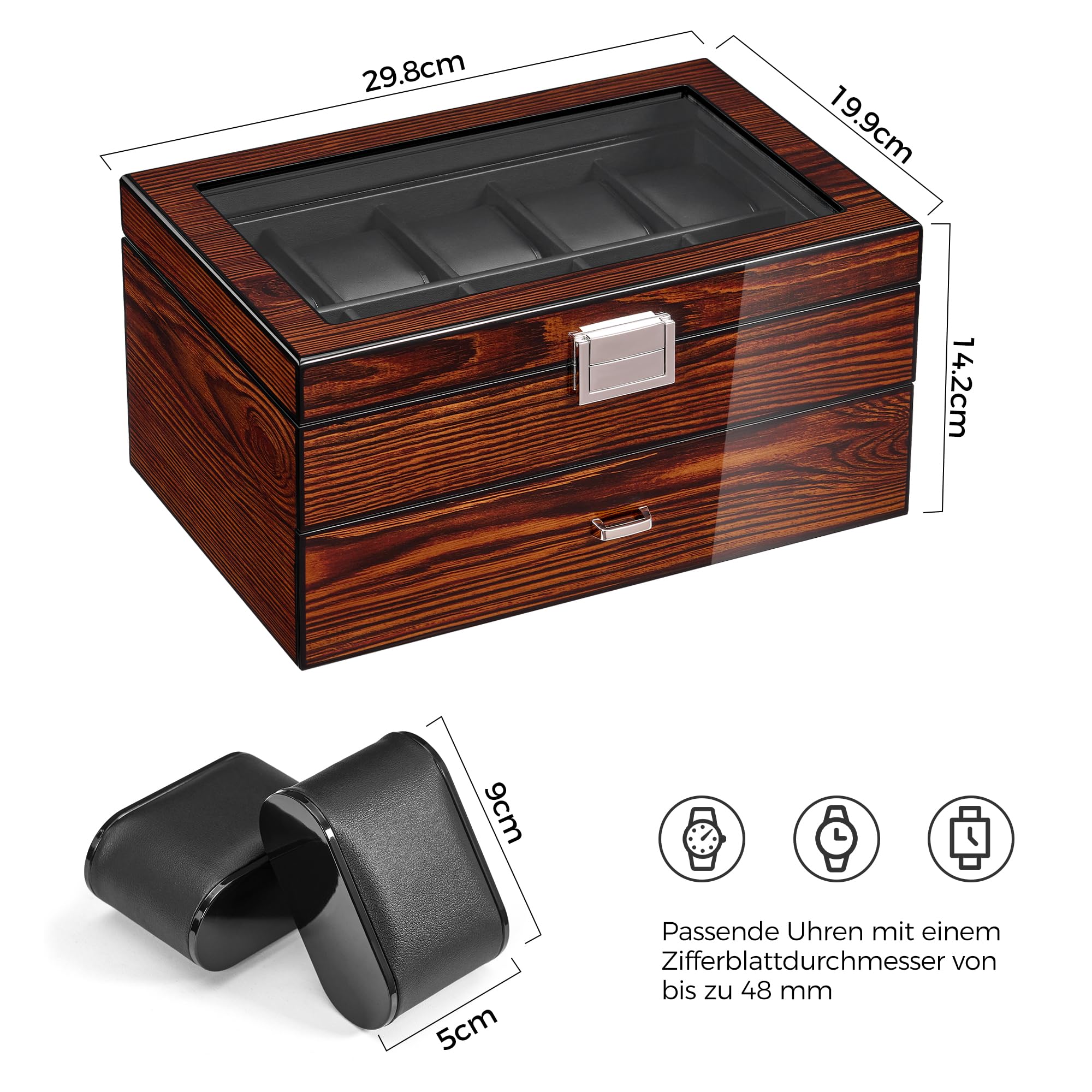 BEWISHOME Uhrenbox mit 20 Fächer Uhrenkasten mit Glasdeckel,Luxuriöser Uhrenkoffer für Männer,Glattem Kunstlederinterieur,Metallverschluss,Geschenkideen Uhrenbox Herren,Uhrenaufbewahrung Braun ESSH04Y