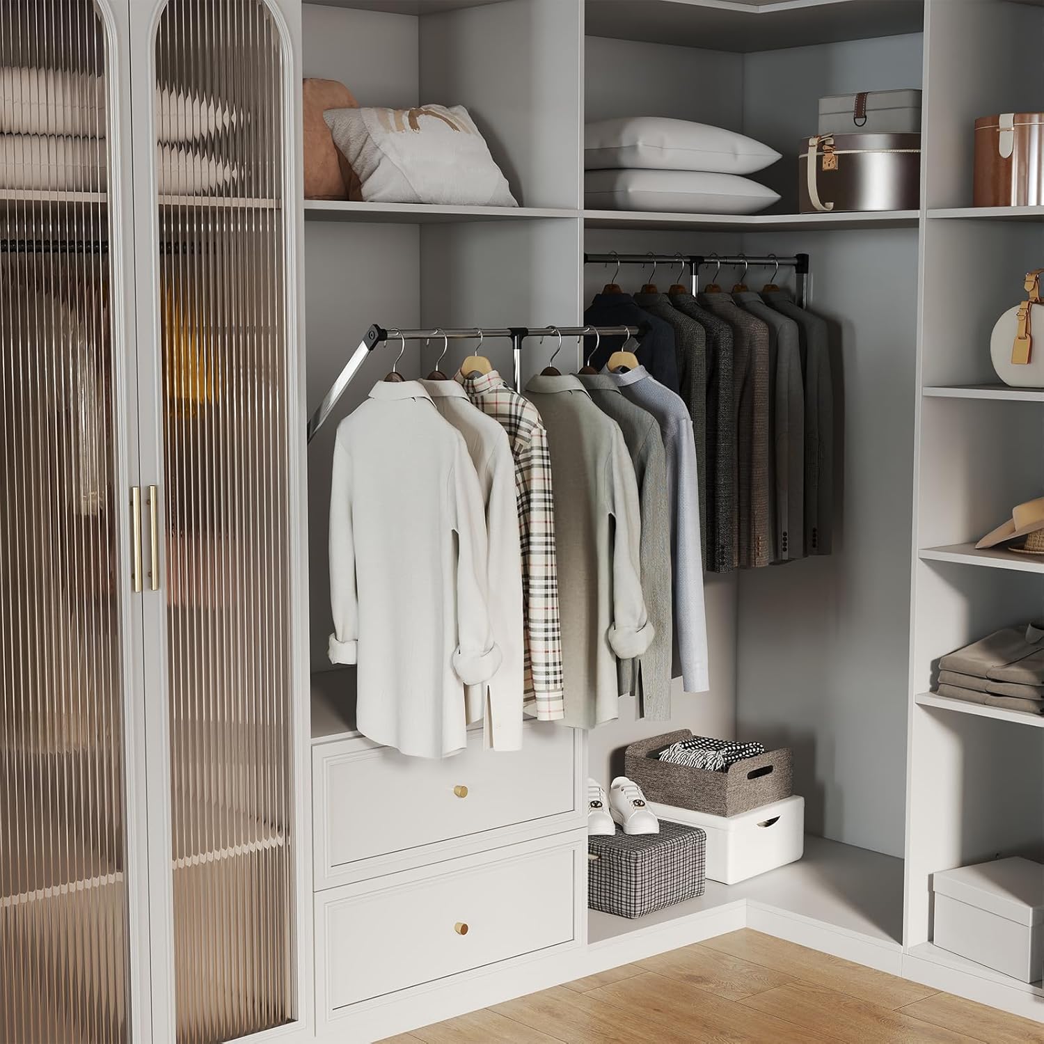 tonchean Pull Down Closet Rod 26-35 Inch Adjustable Side & Back Mounted Closet Rod for Cabinets Soft-Close Wardrobe Lift Rail Organizer for Hanging Clothes, 60lbs Load Capacity