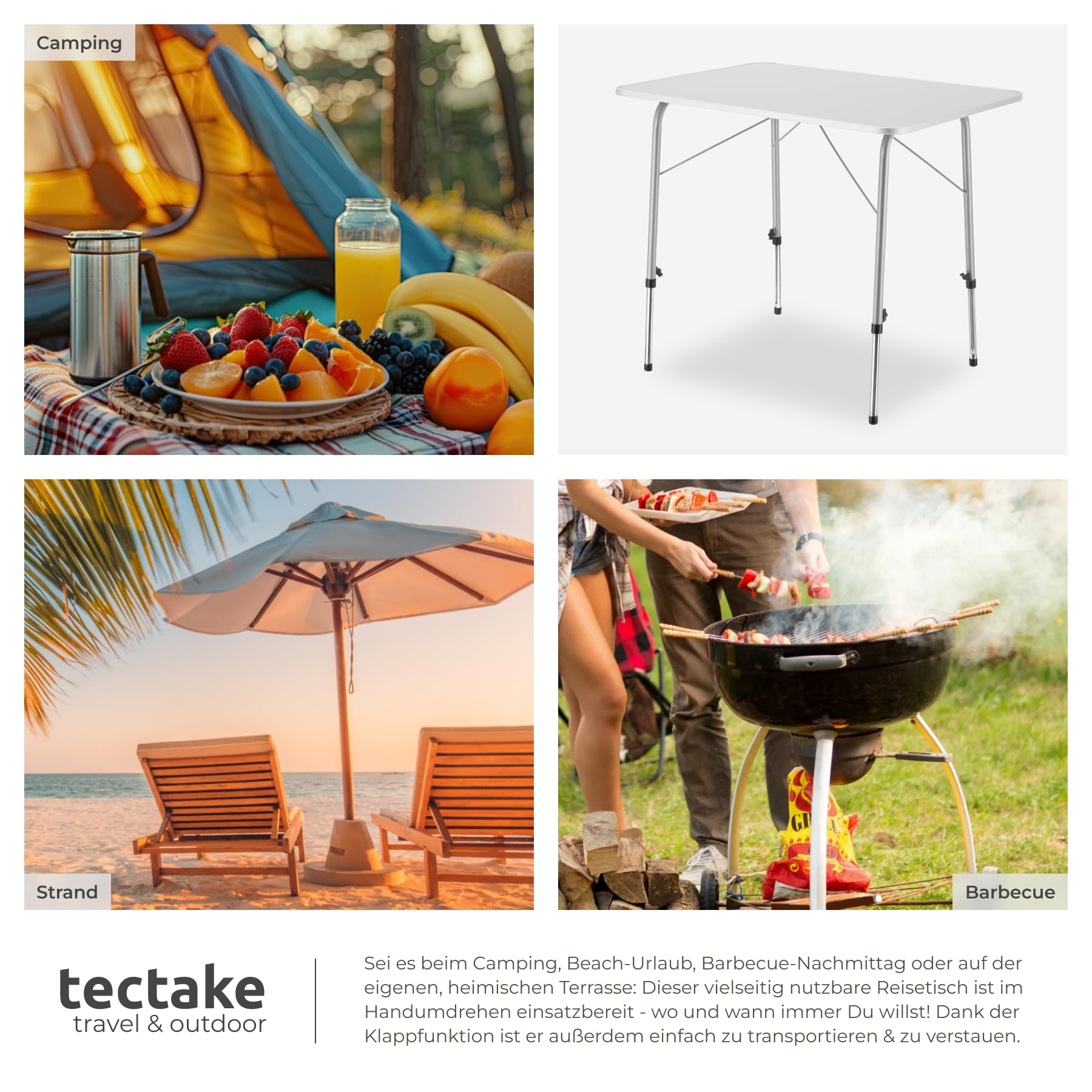 tectake® Campingtisch, Gartentisch klappbar, Klapptisch höhenverstellbar, verstellbare Teleskopbeine, Aluminium Kantenschutz, 80 x 60 x 68 cm, für Garten Terrasse Balkon Camping Picknick