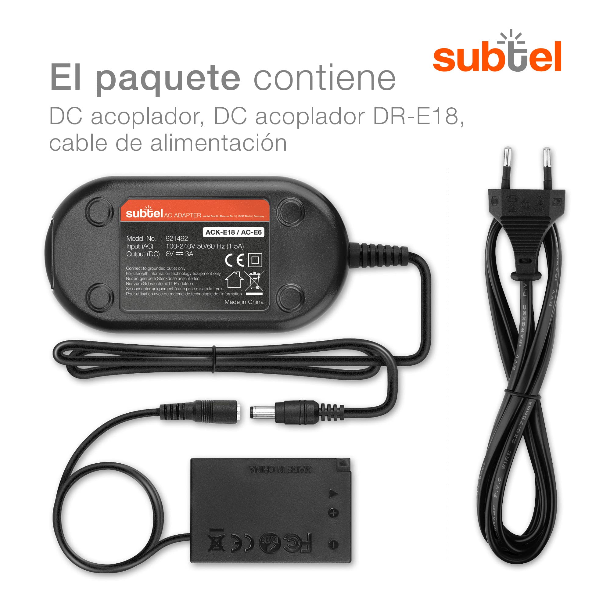 subtel Fuente de alimentación Compatible con ca. 3m ACK-E18 + Acoplador DC Alimentador DC Coupler, Dummy Battery