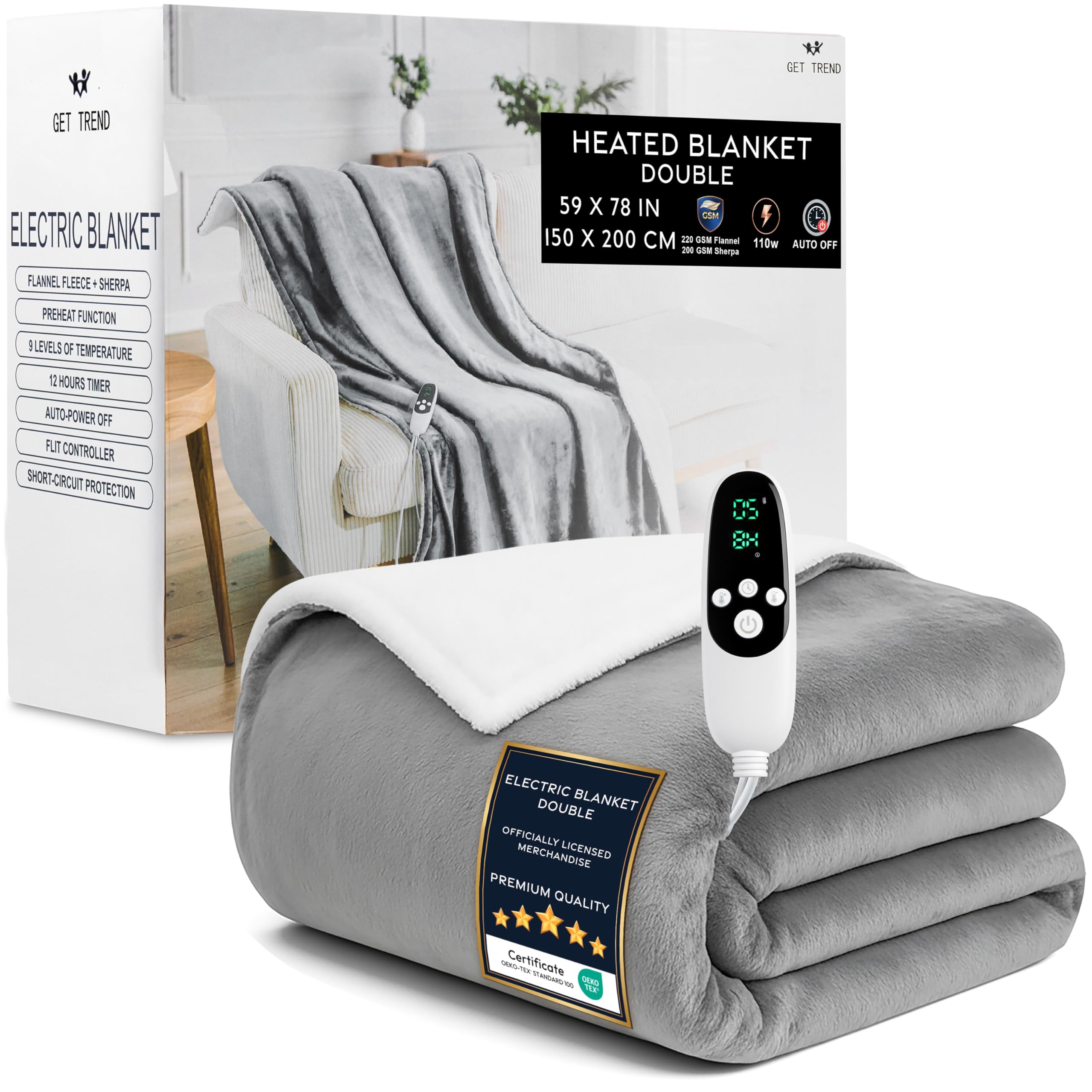 Get Trend Electric Blanket Double 150 x 200 cm with 9 Levels, 12 Hour Timer and Overheating Protection, Winter Blanket for Bed, Sofa (Light Grey, Double EU) OEKO-TEX STANDARD 100