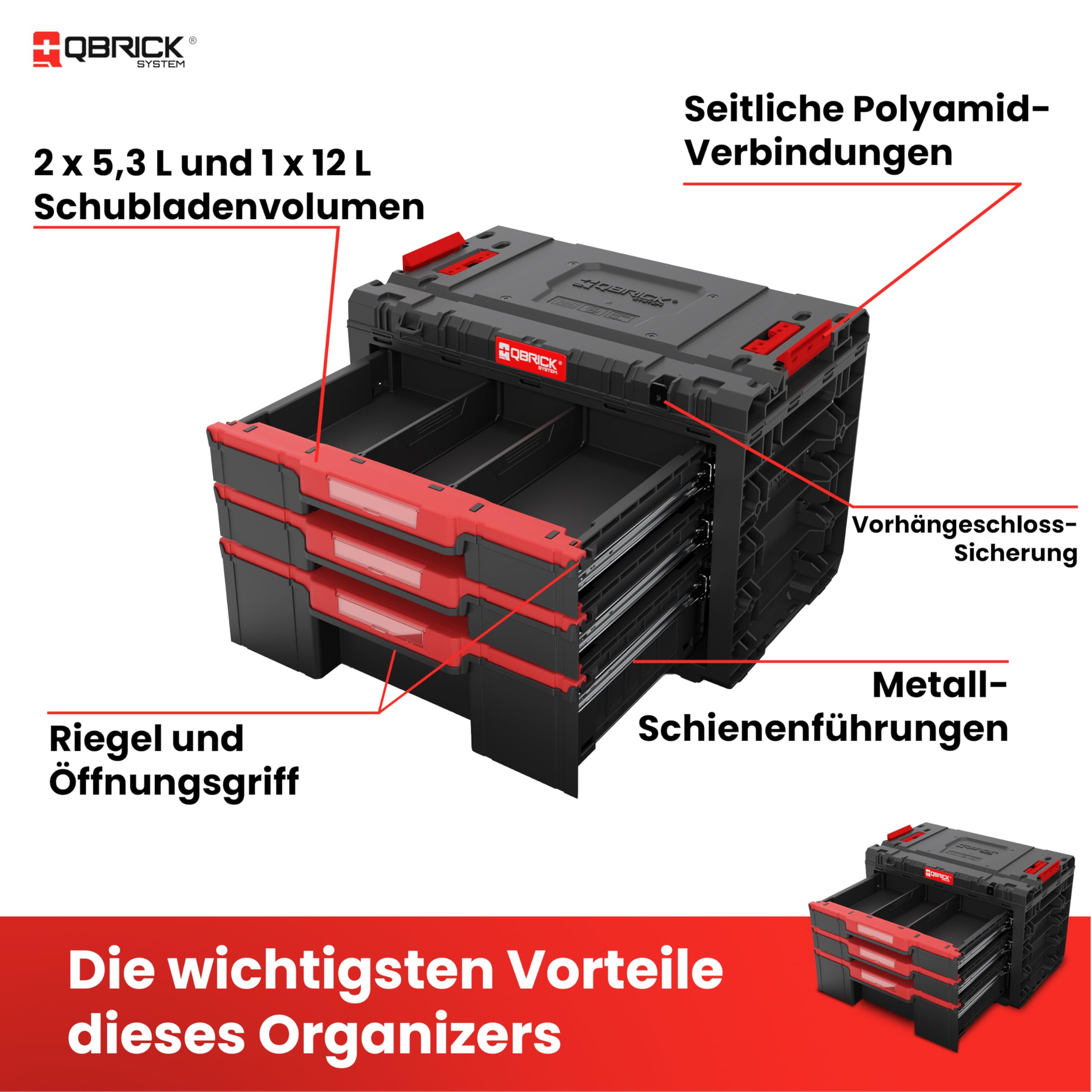 Qbrick System Skrzynka narzędziowa sortownik pusta - 3 szuflady - skrzynka narzędziowa - 542 x 335 x 369 mm czarna