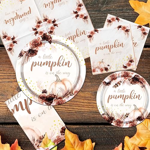 Miniatura 5 de Decoraciones de baby shower de calabaza pequeña, decoraciones de vajilla de otoño para baby shower, incluye platos de calabaza pequeña, servilletas,