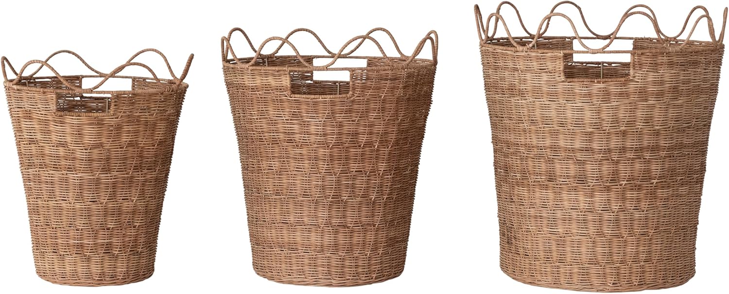 Creative Co-Op 3-Piece Hand-Woven Rattan Scalloped Baskets with Handles, Natural Finish