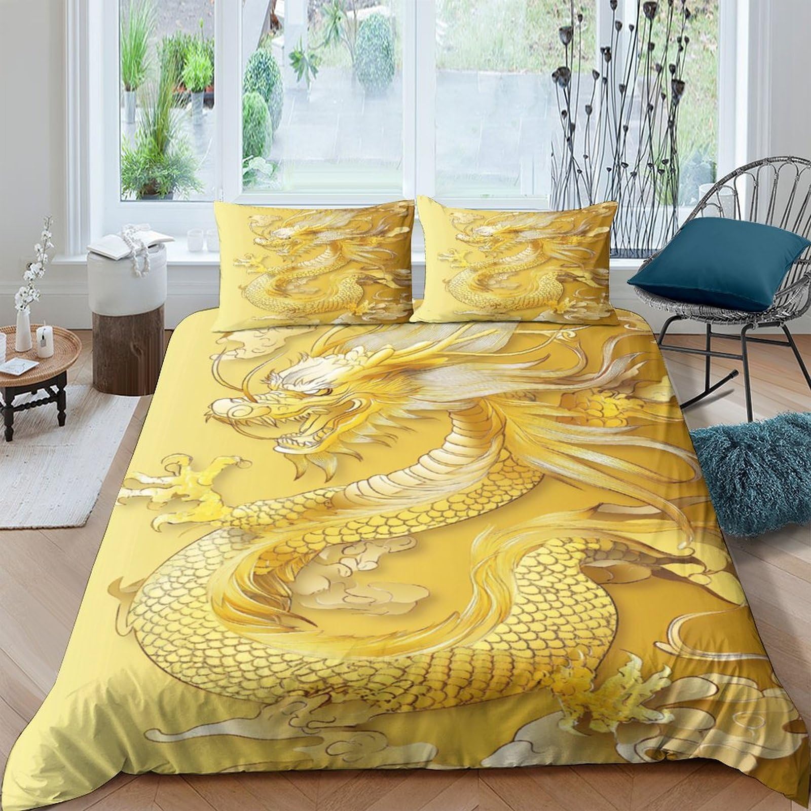 GPLZQXKJNH 3D Printed Golden Dragon Duvet Cover Set Microfiber Soft Breathable Oriental Bedding with 2 Pillowcases for Bedroom Decor Single（135x200cm）