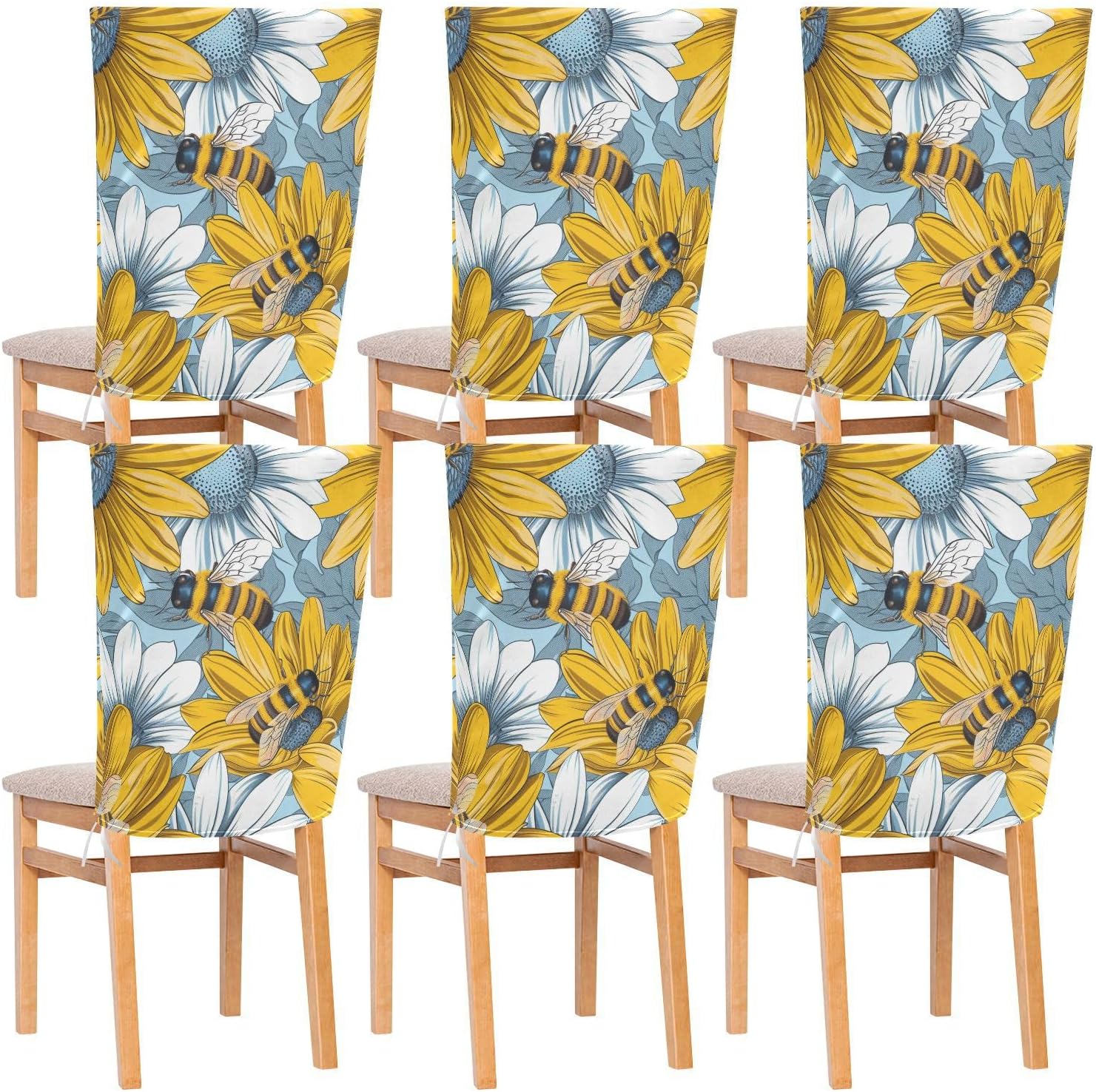 ALAZA Bee Yellow White Flowers Chair Back Cover Set of 6, Washable Reusable Removable Chair Slipcovers Decorative Chair Cover for Home Kitchen Wedding Party
