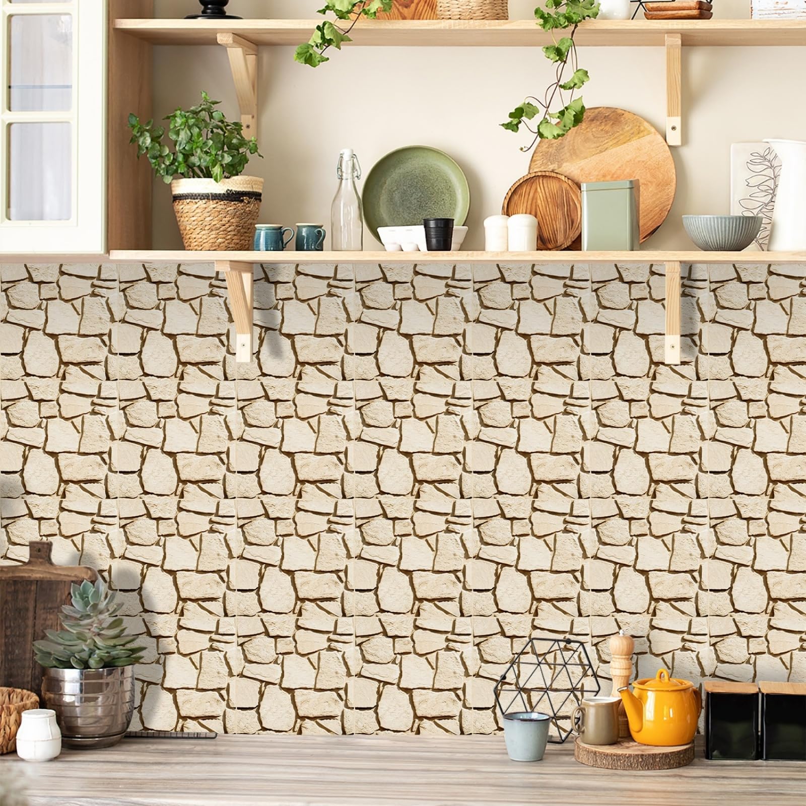 Stick on Tiles Geometric Yellow Stone Tile Stickers for Bathroom Kitchen Backsplash Waterproof Tile Covers for Fireplace Surround Cabinet Furniture Stick on Kitchen Tiles 10x10 cm/10 pcs