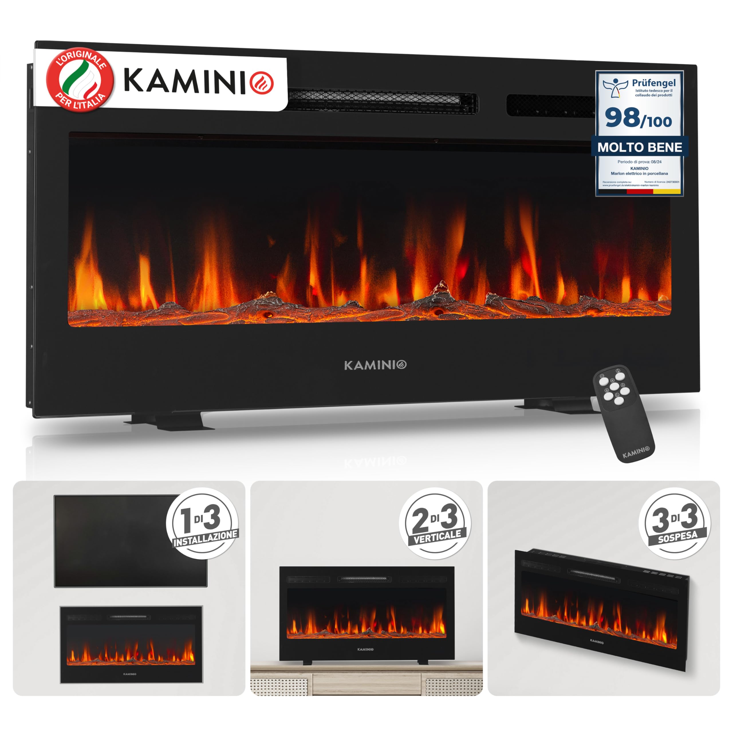 KAMINIO MARLON 3-in-1 Electric Fireplace with Heating, 3D Flame Effect, 12 Flame Colours, Remote Control (36 Inch)