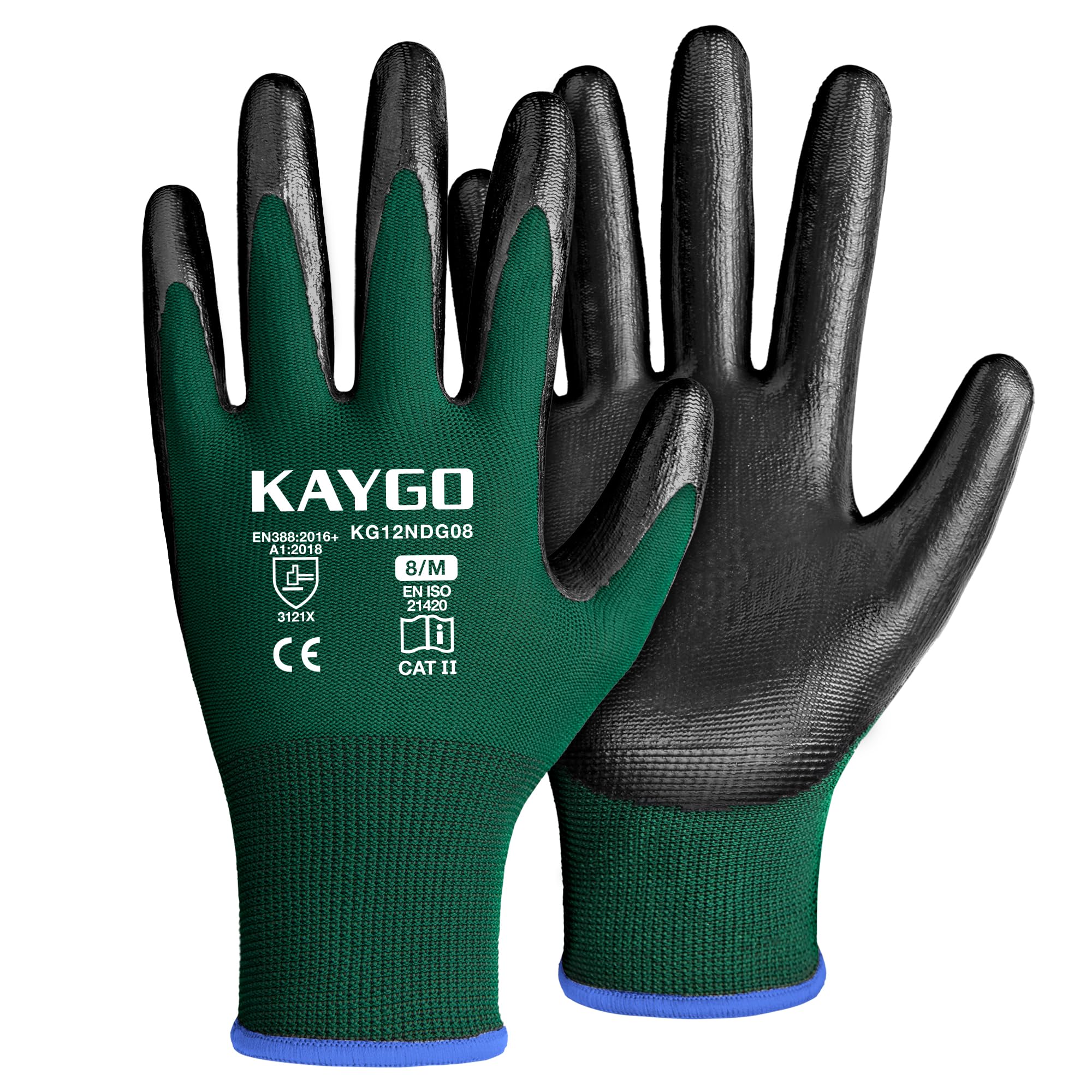 KAYGO Work Gloves Nitrile Coated, 12 Pairs KG12N，Seamless Knit, Protective Safety Work Gloves with Good Grip for General Work,green, M