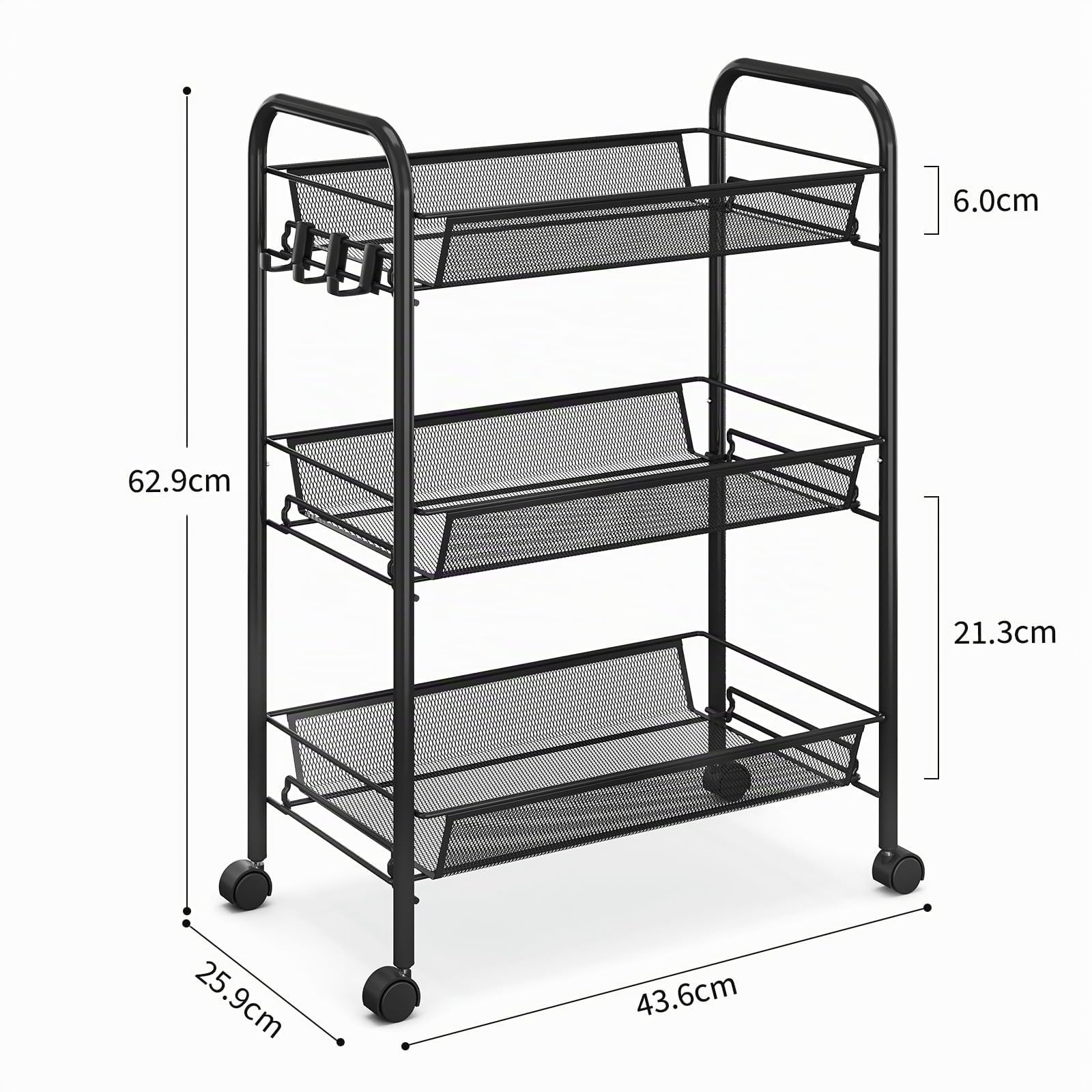 Urackify Carrito Auxiliar con Ruedas 3 Niveles, Carro Cocina Móvil para Baño, Cocina Carro de Almacenamiento con Ruedas de Metal Resistente al Óxido, Negro