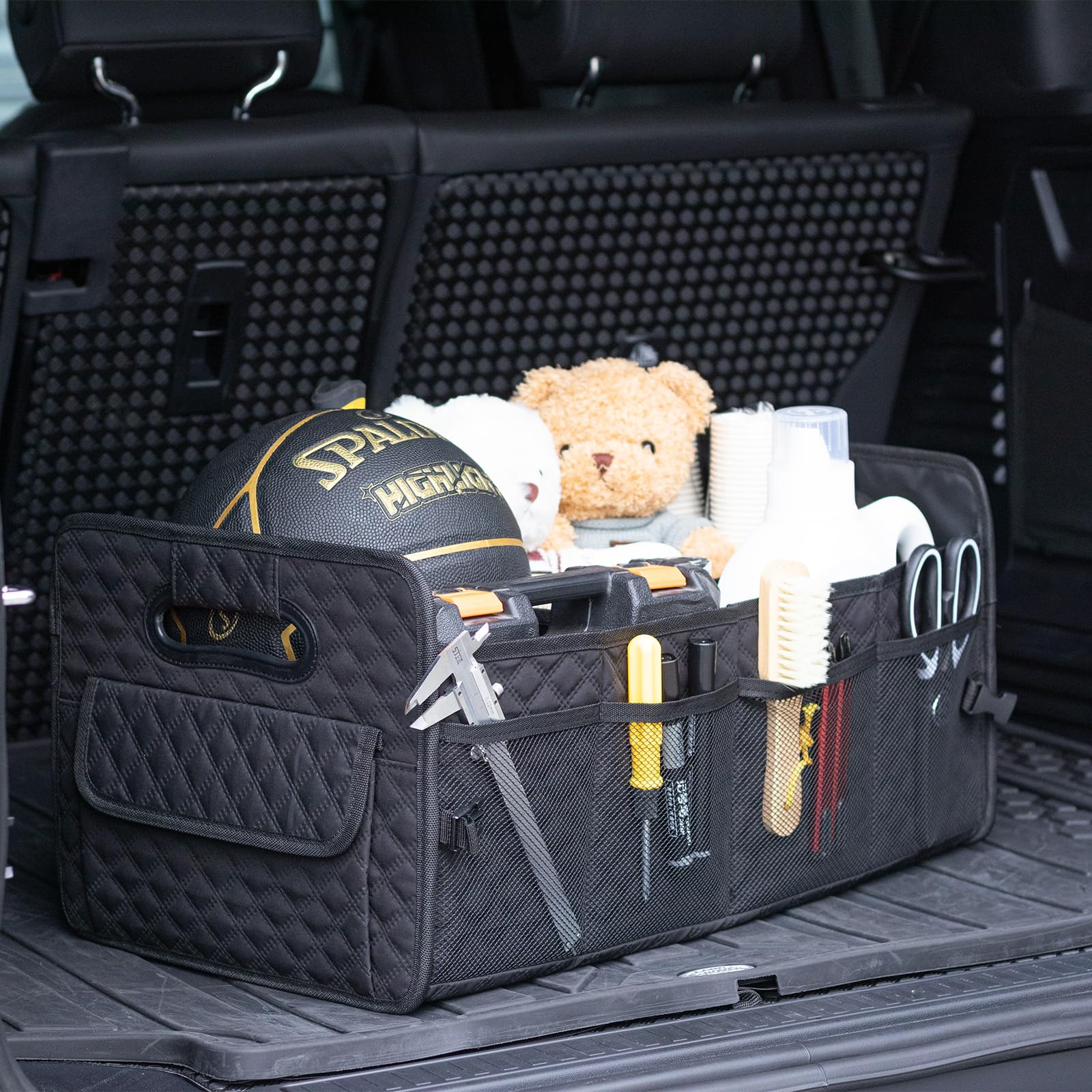 JiatuA Car Trunk Organizer for SUV, Car Storage Organizer Collapsible Multi Compartment Container Box, Adjustable Car Accessories for Women/Men, Black