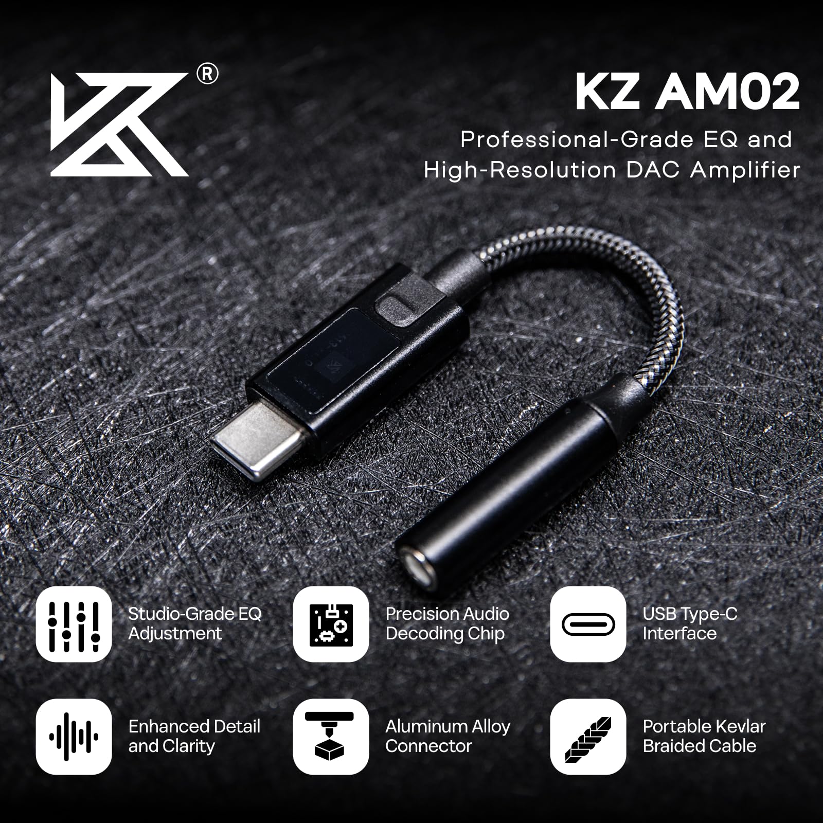 KZ AM02 Amplificateur de décodage DAC portable, adaptateur USB C vers audio 3,5 mm, câble tressé Kevlar durable mâle vers femelle avec accordage EQ professionnel à 4 étapes