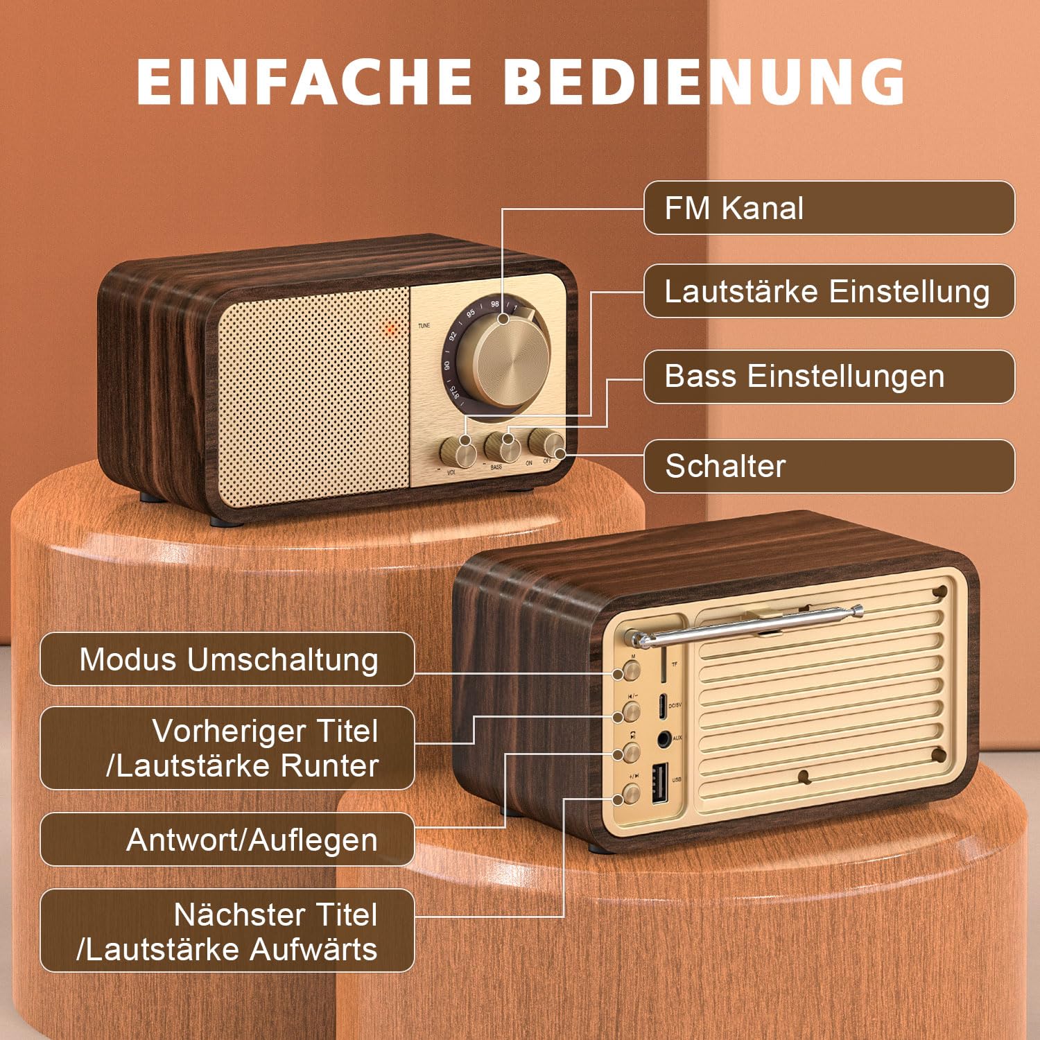 Nostalgie Radio, Retro Radios mit Bluetooth, TF Karten Slot, 2000mAH Wiederaufladbare Batterie, 5 Watt Lautsprecher, Vintage Radios mit AUX/USB, Radio für Küche/Schlafzimmer/Büro