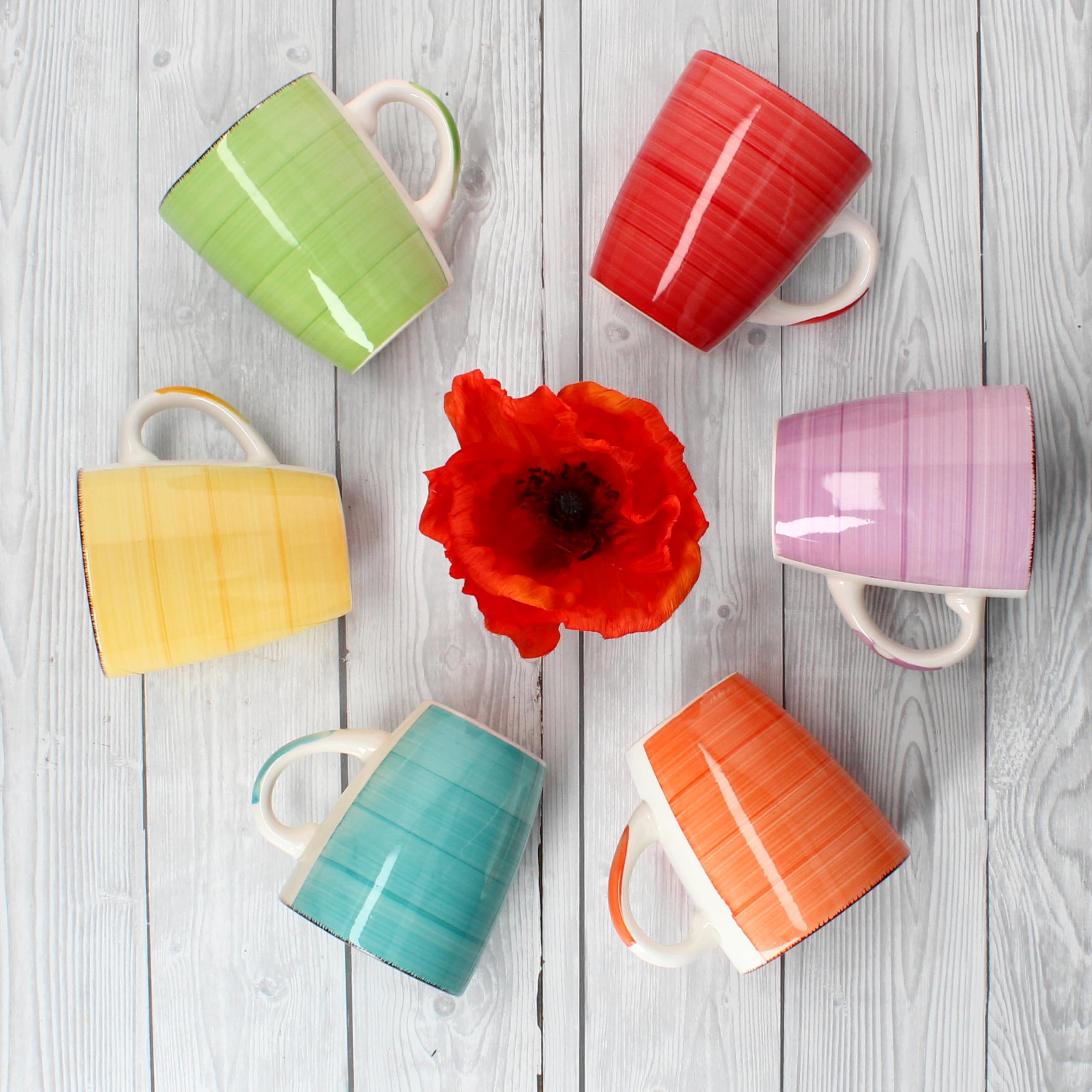 MamboCat 6-TLG. Kaffeebecher-Set Uni bunt Tee-Tasse groß Kaffee-Pott Trink-Becher Kakao-Milch rund 320 ml Geschirr Tafel-Zubehör Frühstück-Buffet