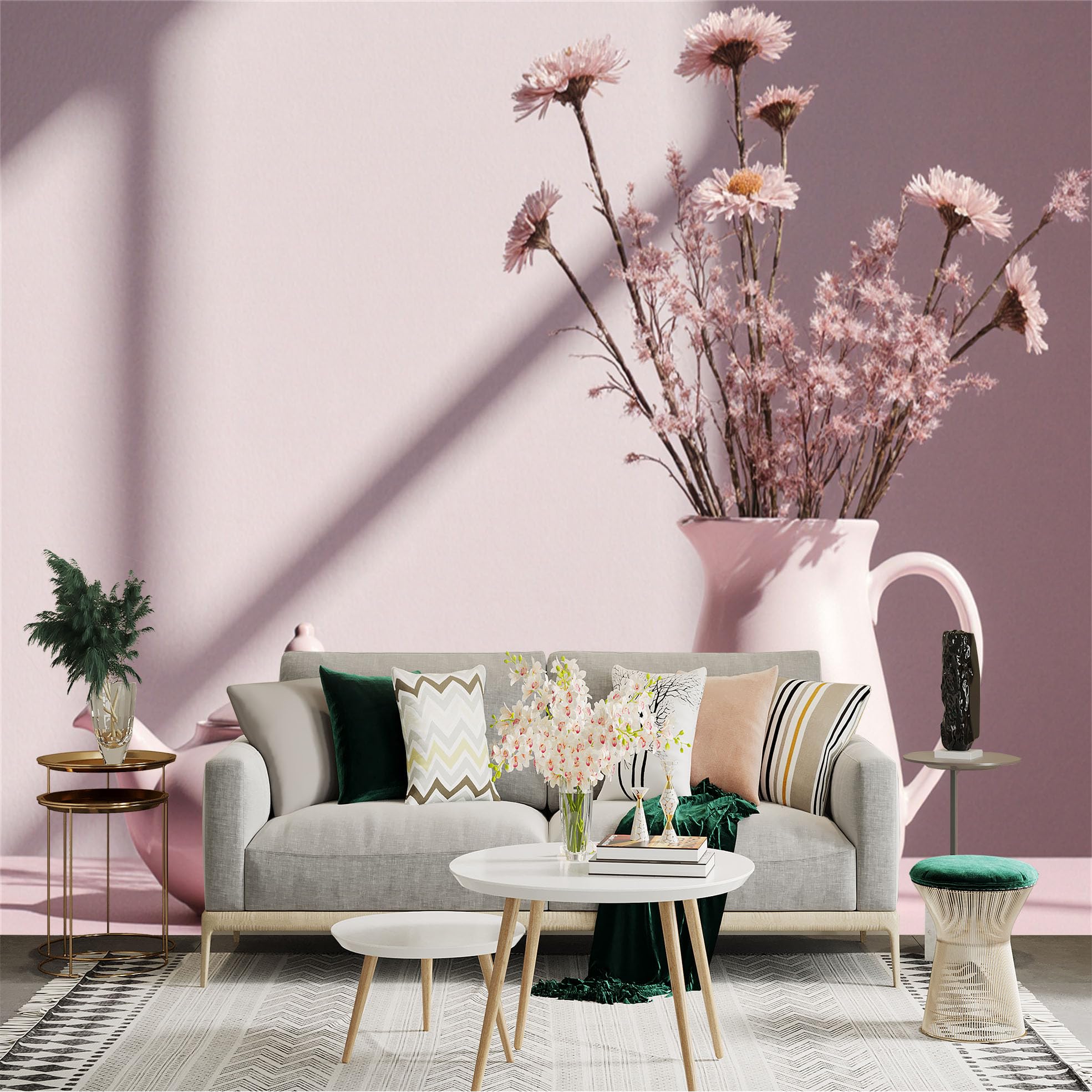 Custom Size Wall Sticker Mural， Pink Porcelain Teapot with Dried Flowers in Vase， Elegant Still Life Decor， for wall Decoration， peelandstick wall Decals.