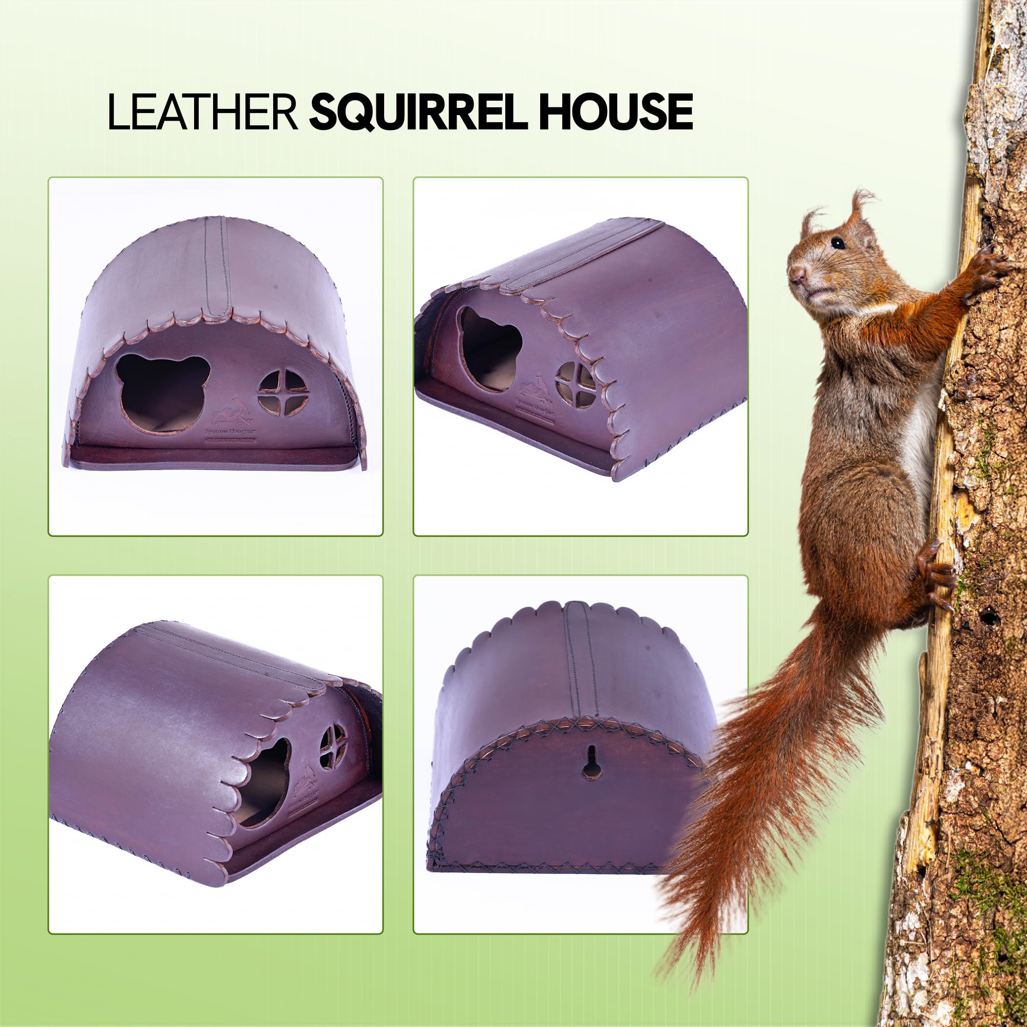 SparrowsDaughter Leather Squirrel House for Outdoors Garden Backyard | Small Animals Habitat for Chinchilla Squirrel | Nesting Box with Feeder & Poles | Multicolour | Chestnut | Large 1