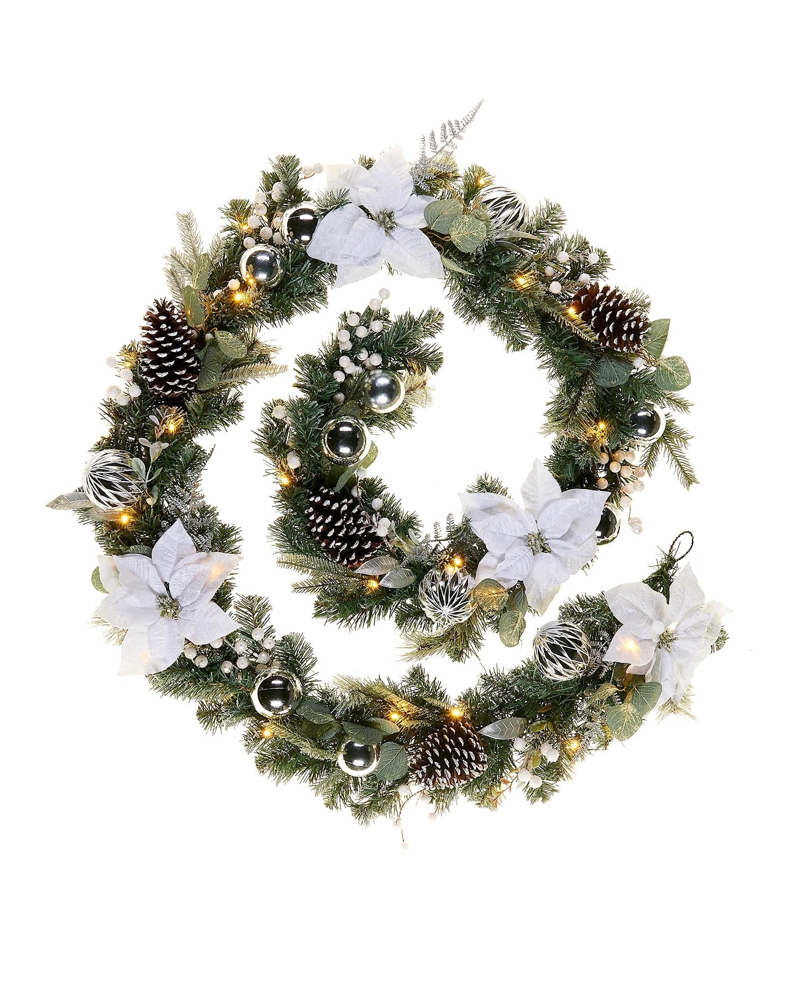 Pre-Lit Decorated Frosted Garland, White/Silver, 9 ft