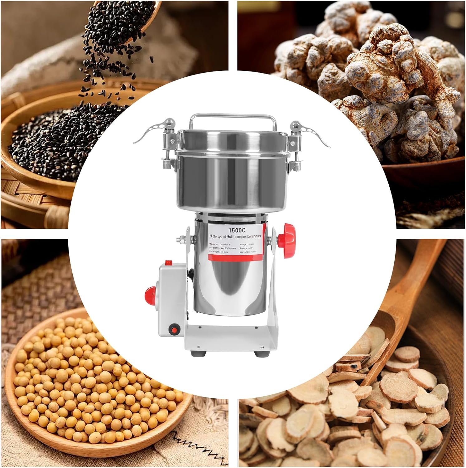 1500g Electric Grain Mill Grinder, 4100W 30000R/Min High-speed Spice Herb Grinder Stainless Steel Grain Grinding Machine with 3*Blades, Commercial Pulverizer Powder Machine for Kitchen