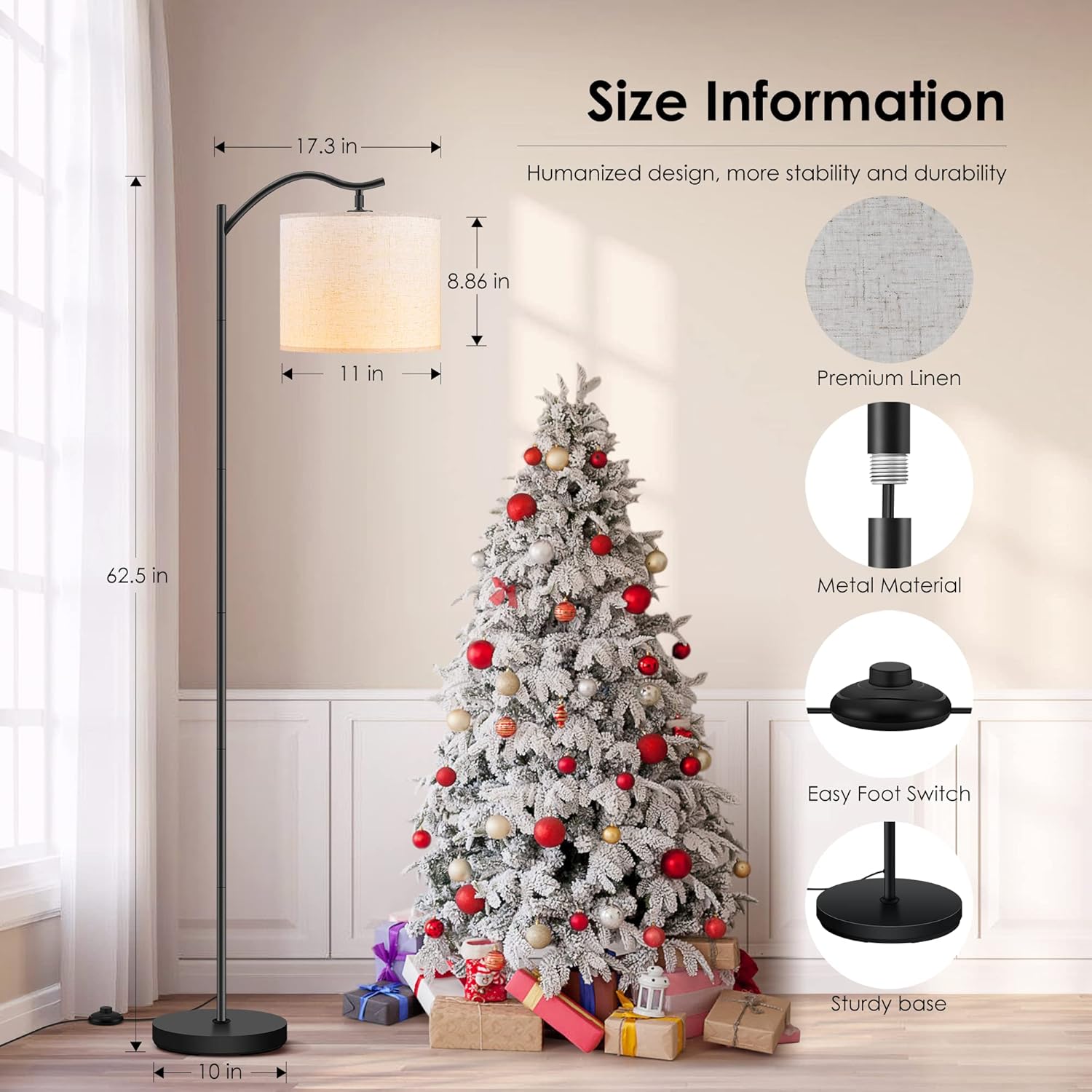 BoostArea Floor Lamp for Living Room,LED Arched Floor Lamps,Modern Standing Lamp with Beige Linen Shade,Footswitch,Mid Century Floor Lamp for Bedrooms,Study Room,Office(Bulb Not Incl)
