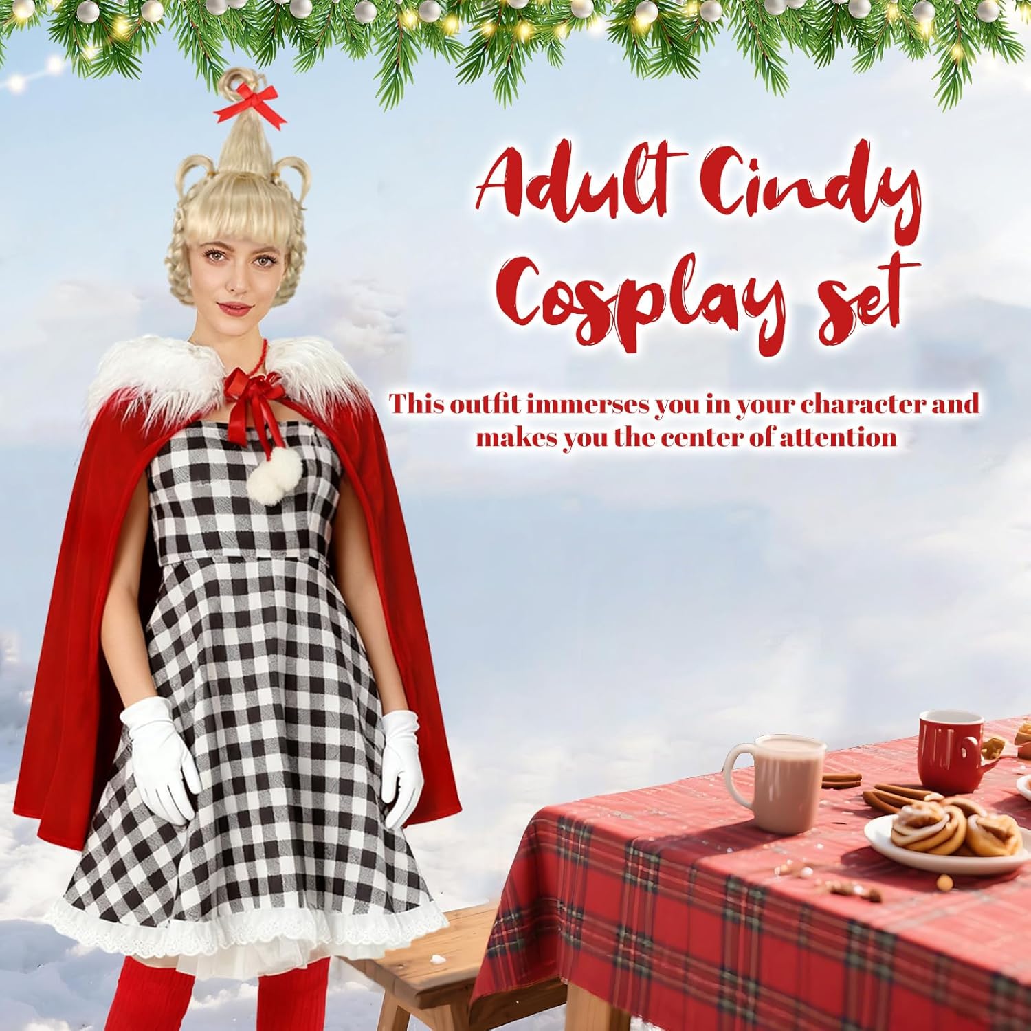 Elf Costume Adult Christmas Outfits for Women Halloween with Wig Cape Plaid Dress Gloves - Image 7