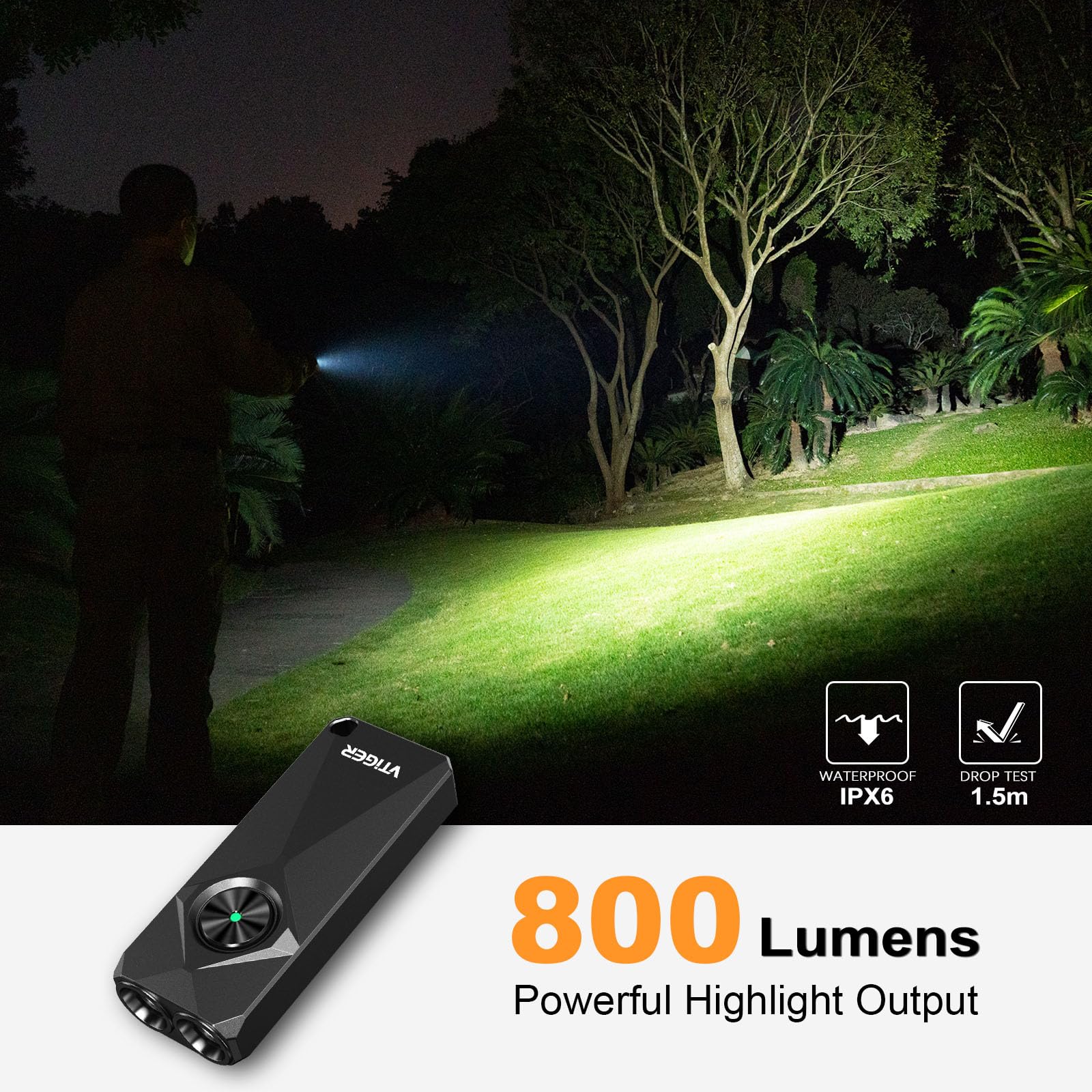 VTIGER K1 Porte-clés lumineux 800 lumens haute luminosité, petite lampe de poche rechargeable EDC, petite lampe de poche LED compacte avec magnétique, mini lampes de poche à clipser pour le camping