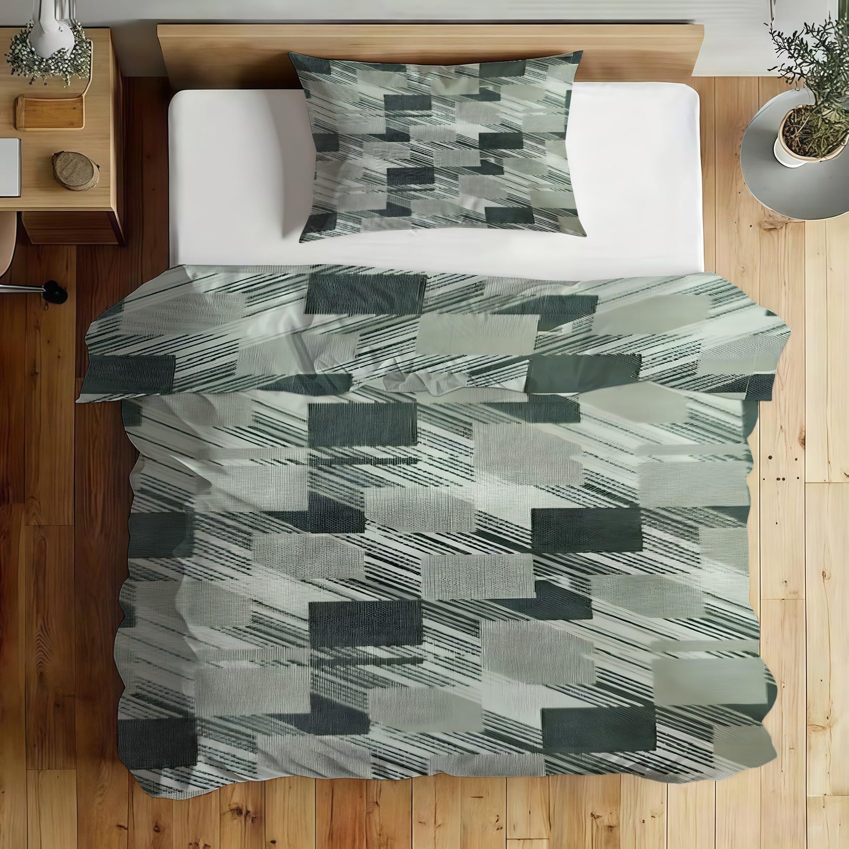 Copripiumino Matrimoniale 240x220 Quadrati geometrici Linee diagonali moderne Biancheria da Letto Morbido Microfibra Copri Piumone e 2 Federe Abbinate, con Zip PA2315