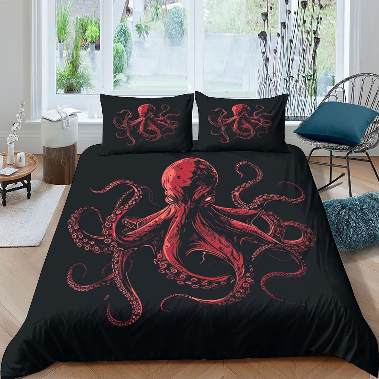 Aaharya Octopus Duvet Cover Set 3D Dark Red Bedding Set Comforter Cover Set Bedspread Cover Microfiber 3 Piece Set Quilt Cover With Zipper Closure Soft King（220X240cm）