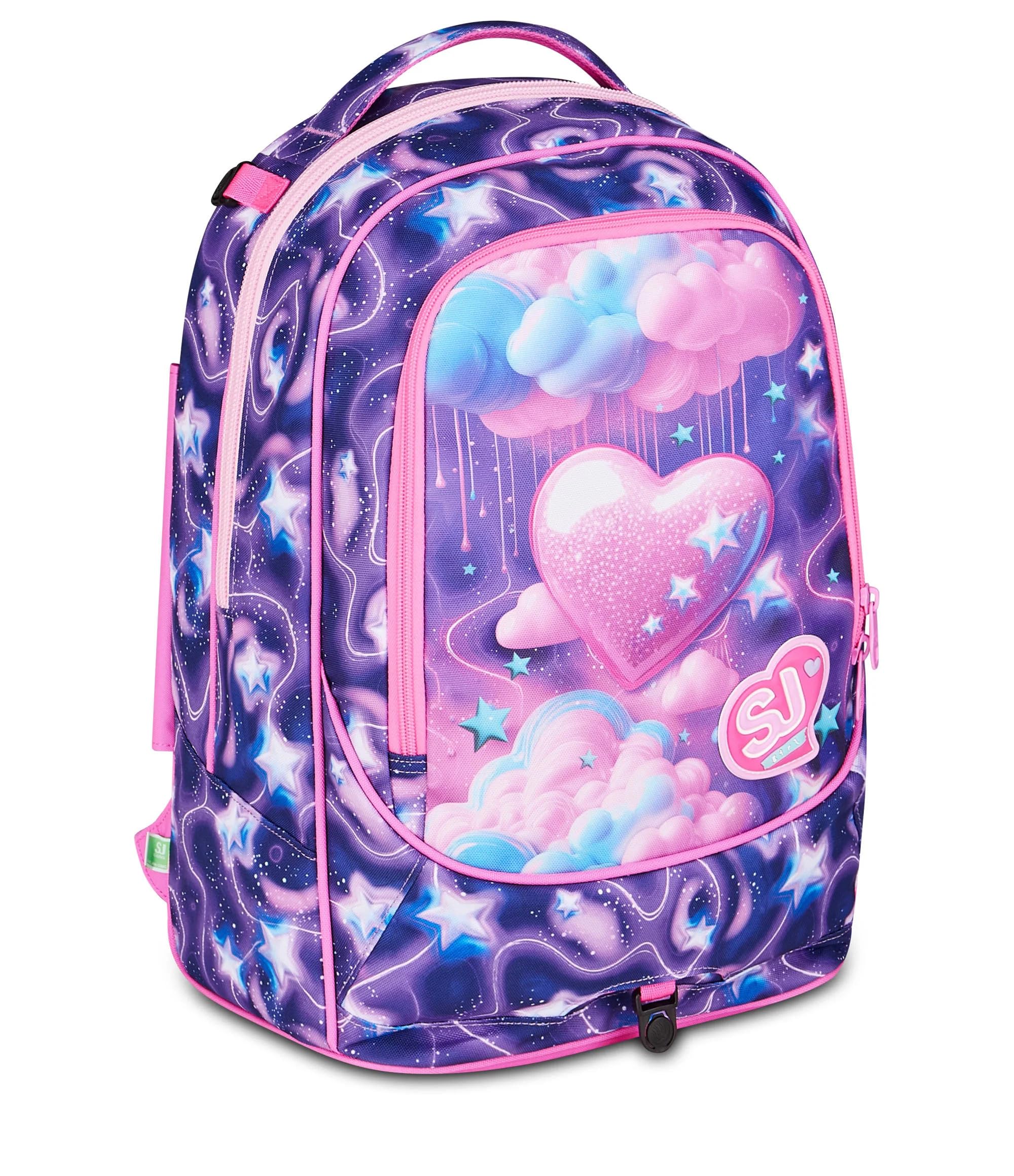 Trolley Seven Sj per Scuola primaria Bambina - Fluffy Pink Girl Grafica Cuori - 8 Ruote con zaino staccabile, 3 in 1 + Astuccio 3 zip con cancelleria
