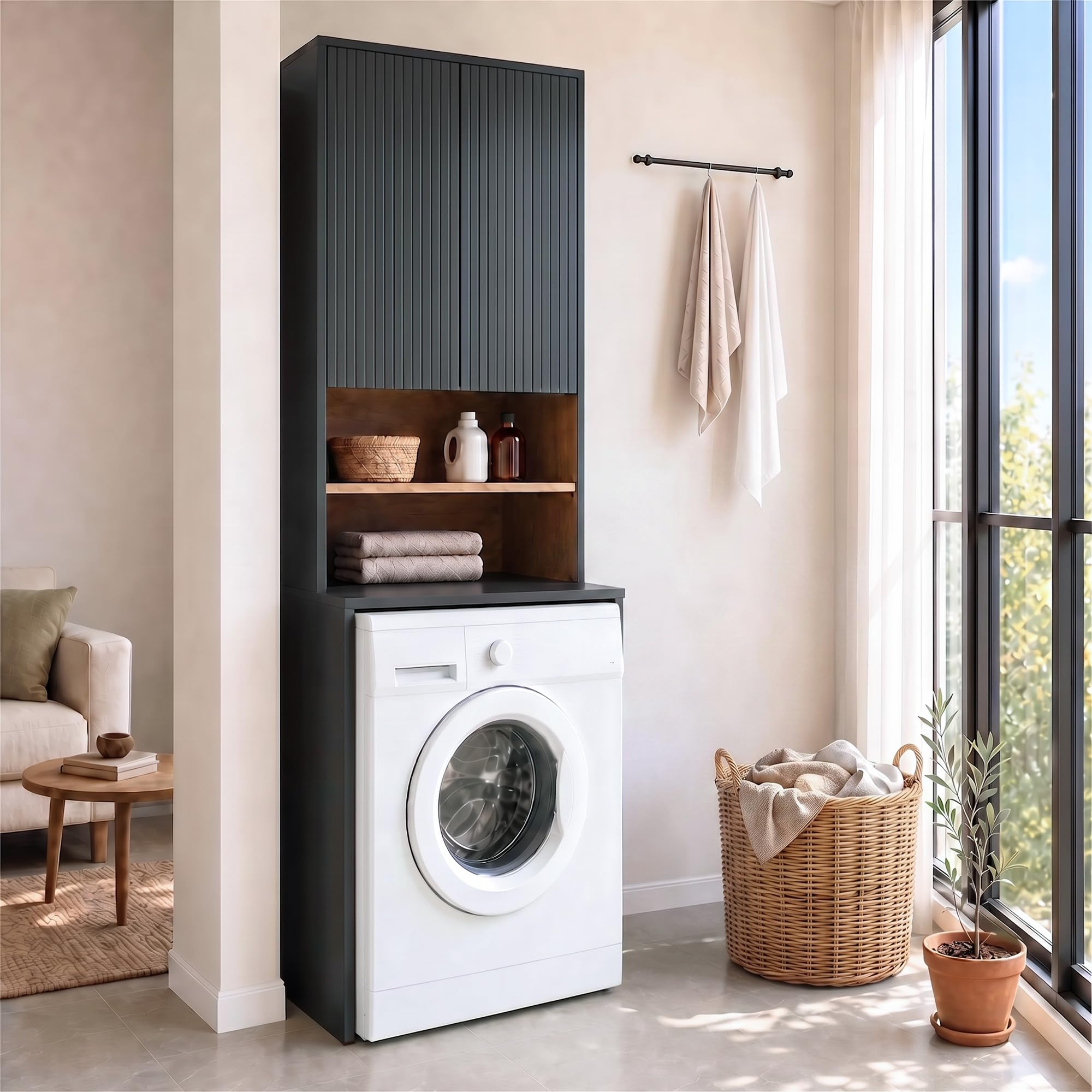 UEV Armoire pour Machine à Laver et Sèche-Linge, 68 x 190 x 50 cm, Noir