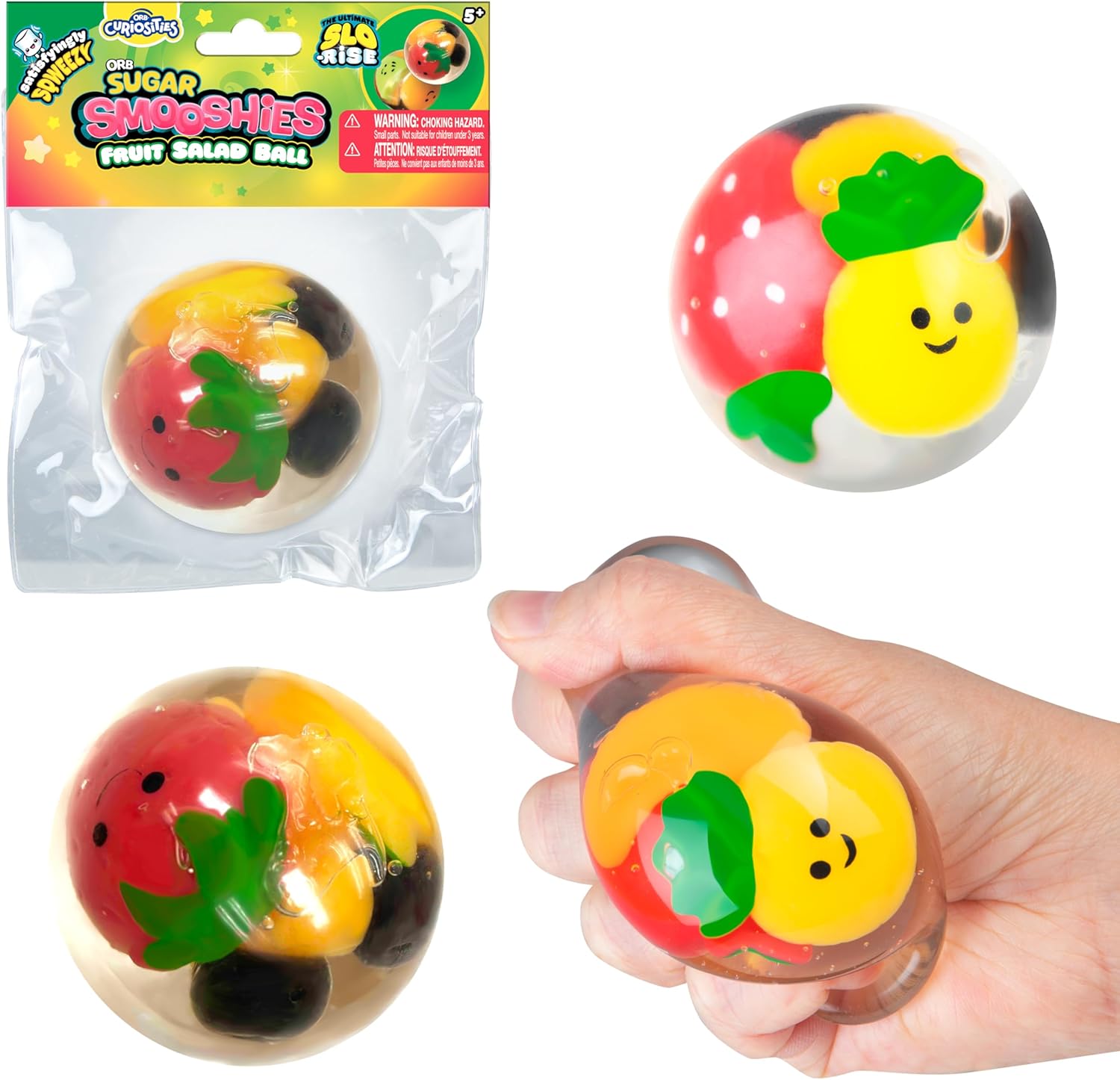ORB Curiosities Fruit Salad Sugar Smooshies Slow Rise Sugar Balls 3 Pack - Squishy, Stretchy, Fruit Filled Stress Ball Squishies for Play and Stress Relief - Sugar Ball Fidget Toys for Kids and Adults